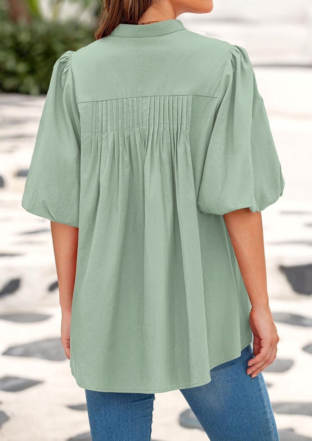 imagePRETTYGARDEN Womens 2026 Summer Short Lantern Sleeve Tops Loose Fit Button Down Shirt Pleated V Neck Blouses Trendy ClothesLight Green