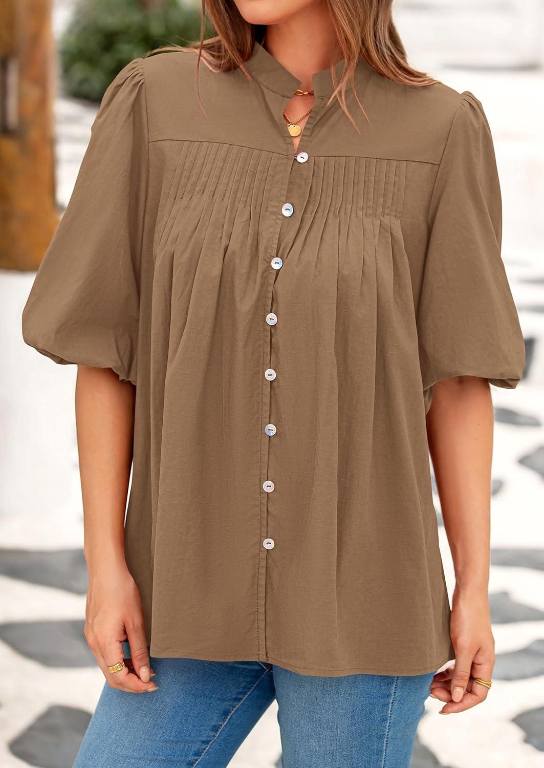 imagePRETTYGARDEN Womens 2026 Summer Short Lantern Sleeve Tops Loose Fit Button Down Shirt Pleated V Neck Blouses Trendy ClothesLight Khaki