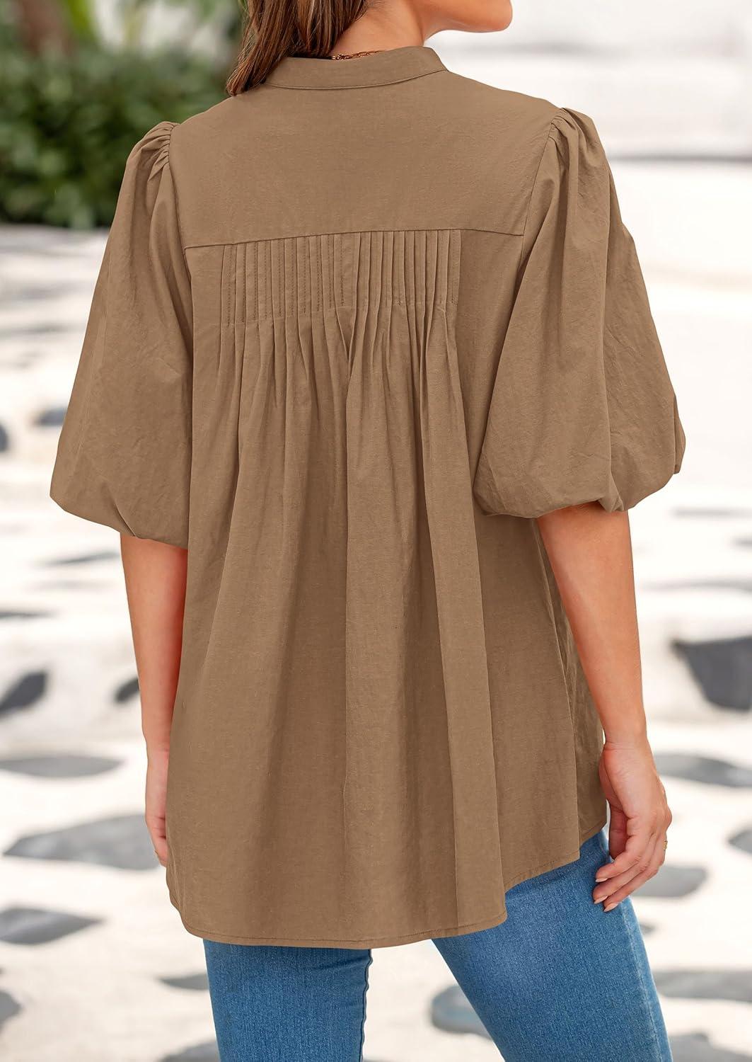 imagePRETTYGARDEN Womens 2026 Summer Short Lantern Sleeve Tops Loose Fit Button Down Shirt Pleated V Neck Blouses Trendy ClothesLight Khaki