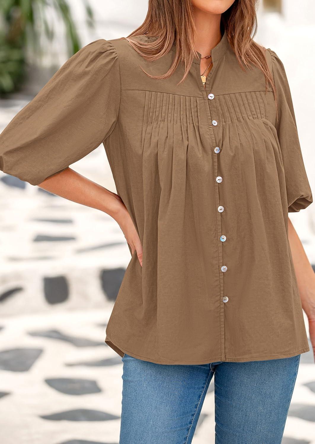 imagePRETTYGARDEN Womens 2026 Summer Short Lantern Sleeve Tops Loose Fit Button Down Shirt Pleated V Neck Blouses Trendy ClothesLight Khaki