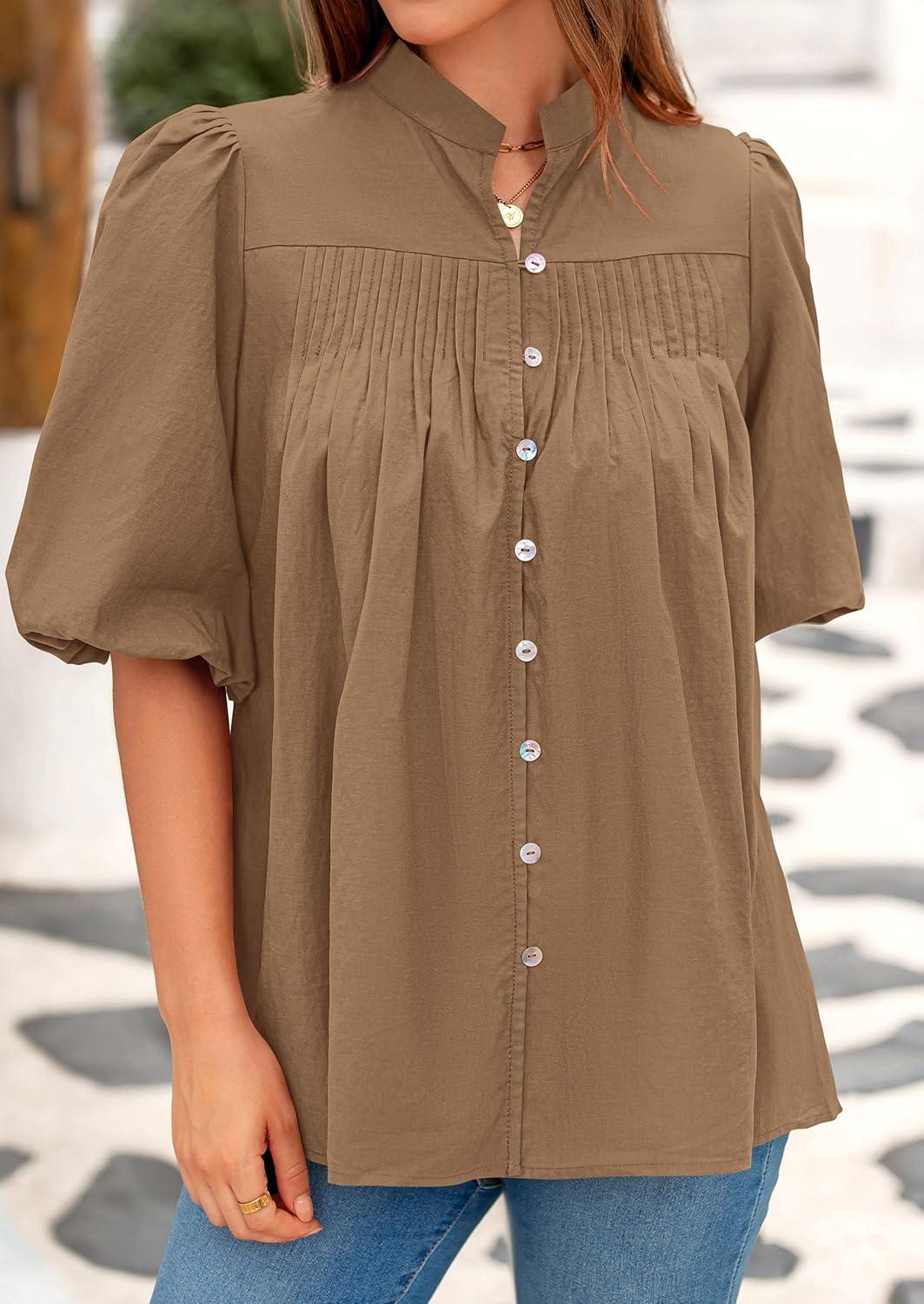 imagePRETTYGARDEN Womens 2026 Summer Short Lantern Sleeve Tops Loose Fit Button Down Shirt Pleated V Neck Blouses Trendy ClothesLight Khaki