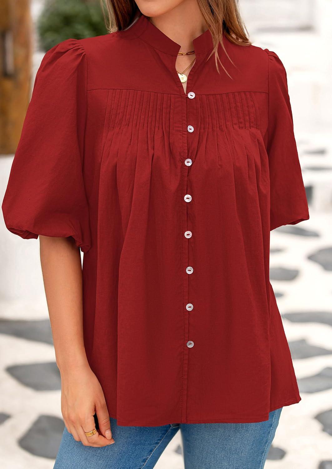 imagePRETTYGARDEN Womens 2026 Summer Short Lantern Sleeve Tops Loose Fit Button Down Shirt Pleated V Neck Blouses Trendy ClothesRed