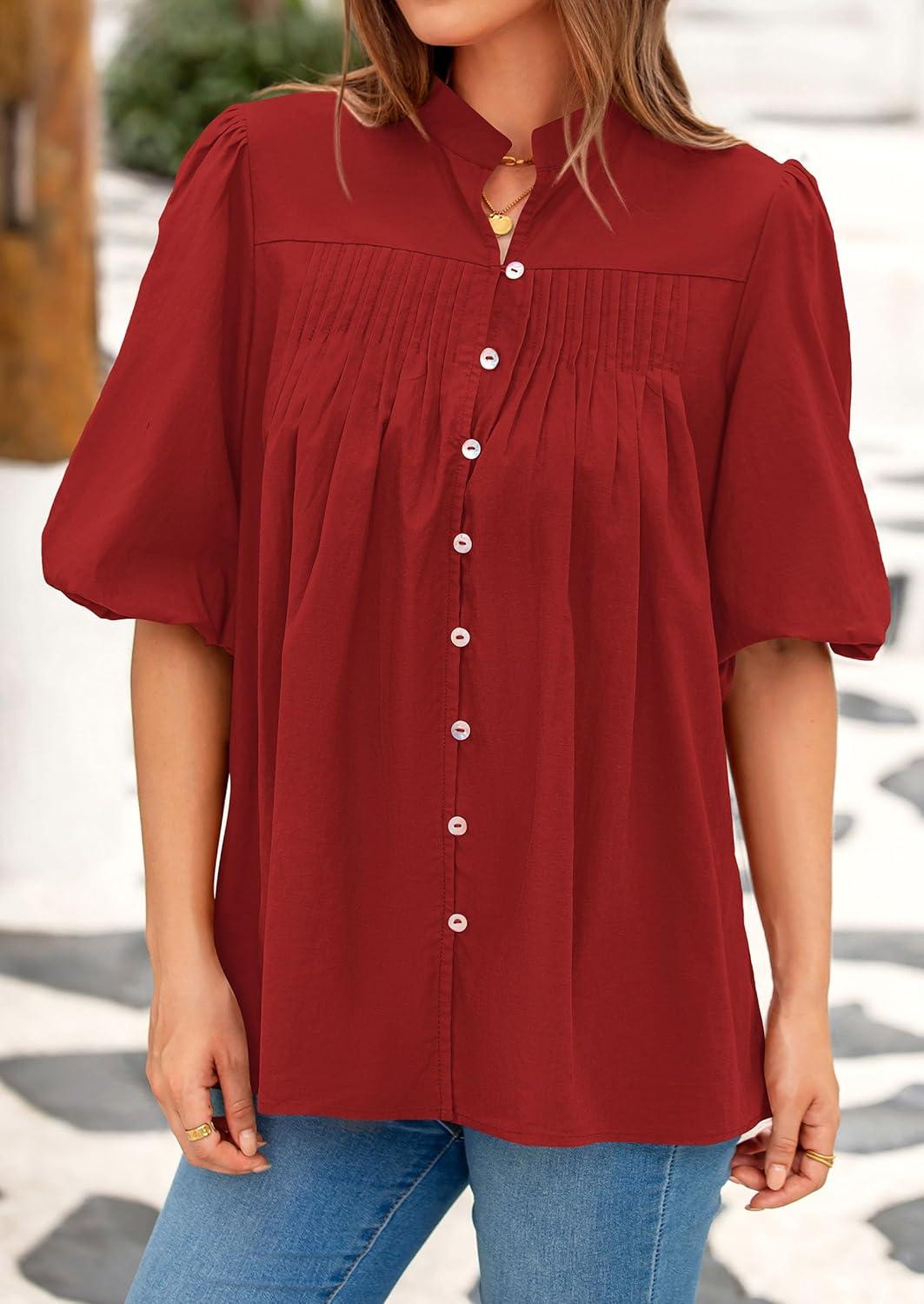 imagePRETTYGARDEN Womens 2026 Summer Short Lantern Sleeve Tops Loose Fit Button Down Shirt Pleated V Neck Blouses Trendy ClothesRed