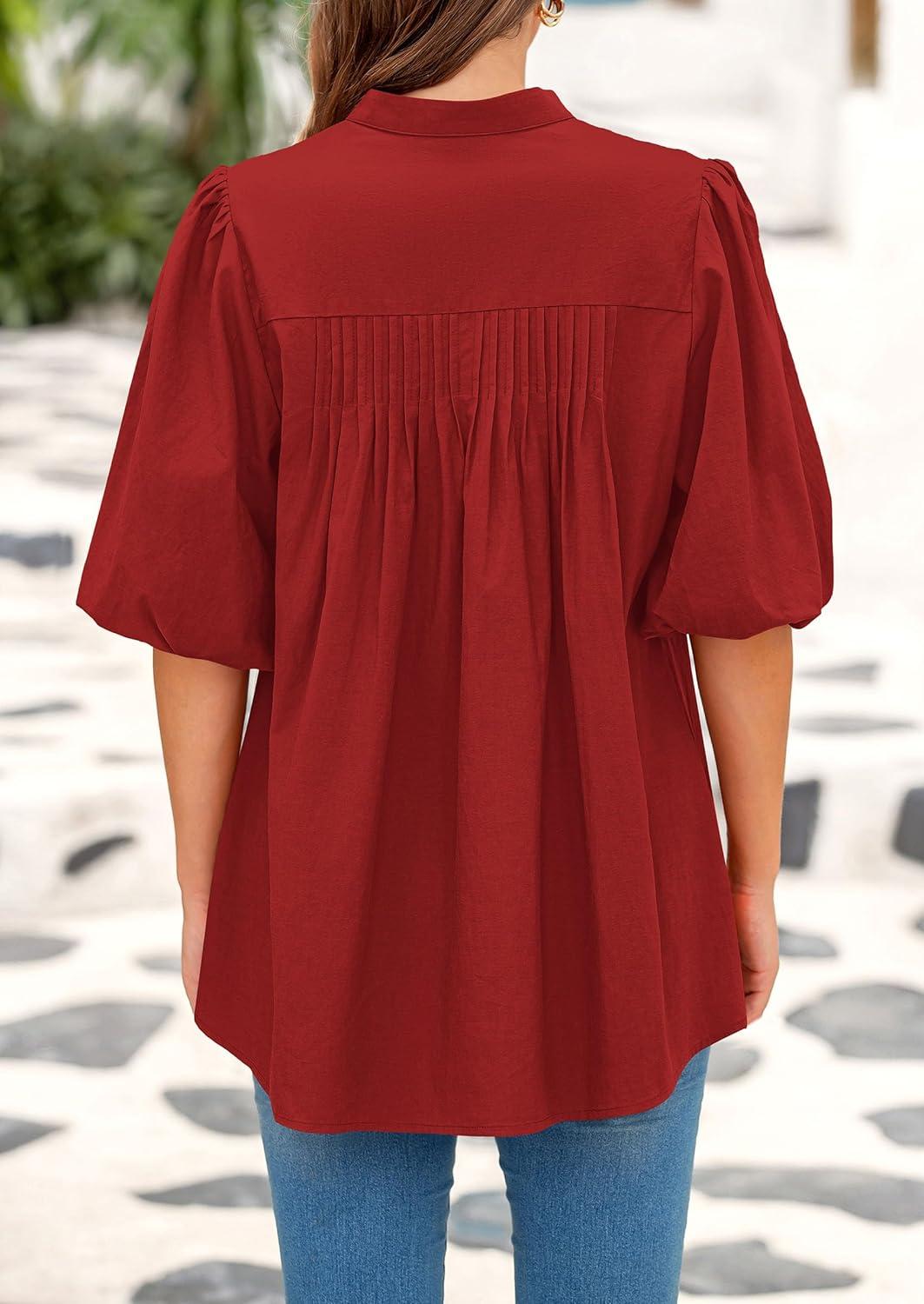 imagePRETTYGARDEN Womens 2026 Summer Short Lantern Sleeve Tops Loose Fit Button Down Shirt Pleated V Neck Blouses Trendy ClothesRed