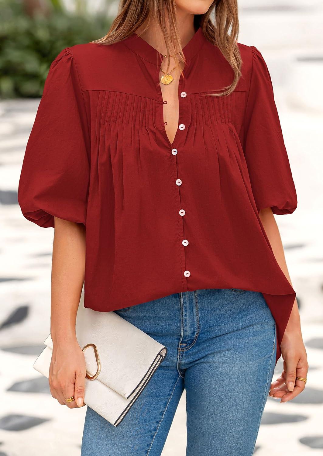 imagePRETTYGARDEN Womens 2026 Summer Short Lantern Sleeve Tops Loose Fit Button Down Shirt Pleated V Neck Blouses Trendy ClothesRed