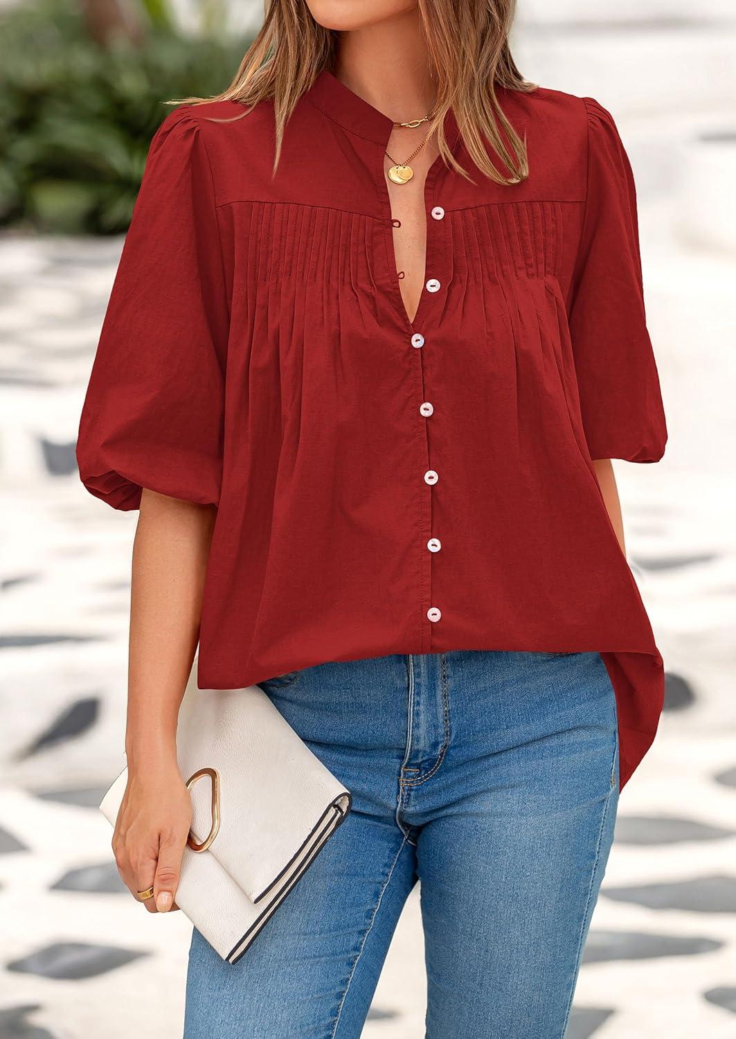 imagePRETTYGARDEN Womens 2026 Summer Short Lantern Sleeve Tops Loose Fit Button Down Shirt Pleated V Neck Blouses Trendy ClothesRed