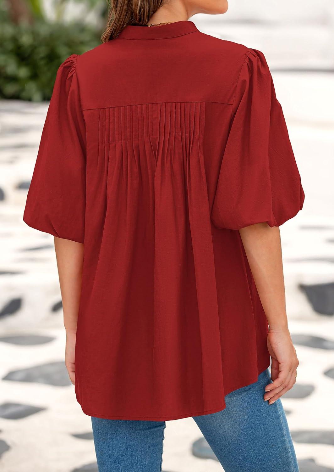 imagePRETTYGARDEN Womens 2026 Summer Short Lantern Sleeve Tops Loose Fit Button Down Shirt Pleated V Neck Blouses Trendy ClothesRed