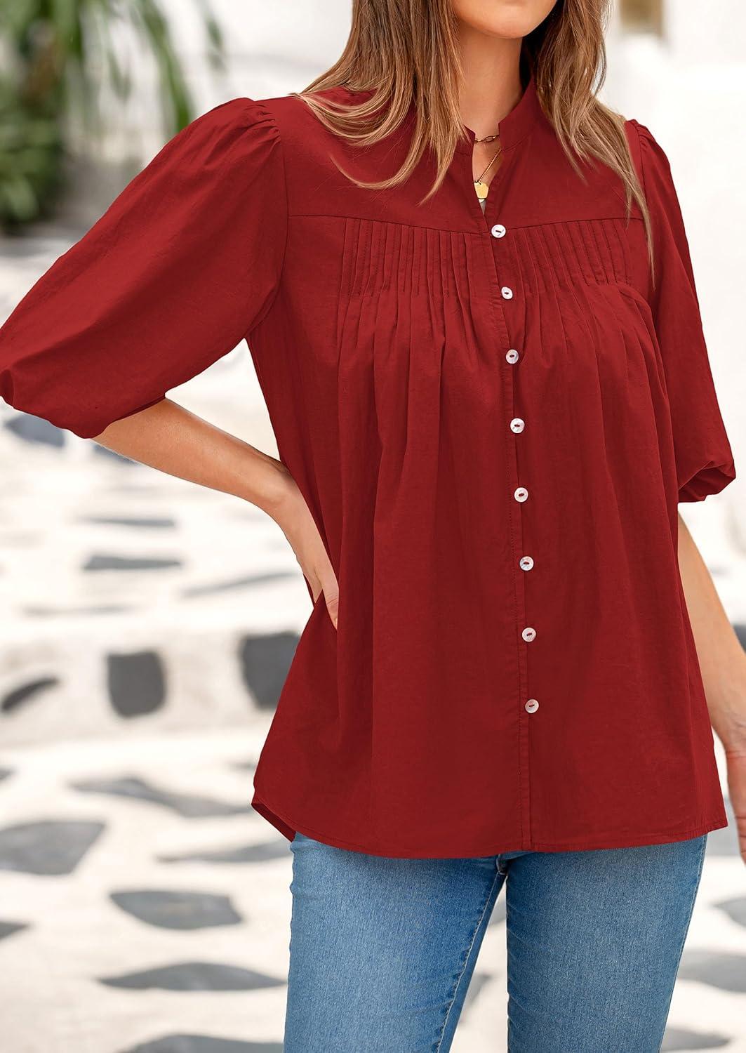 imagePRETTYGARDEN Womens 2026 Summer Short Lantern Sleeve Tops Loose Fit Button Down Shirt Pleated V Neck Blouses Trendy ClothesRed