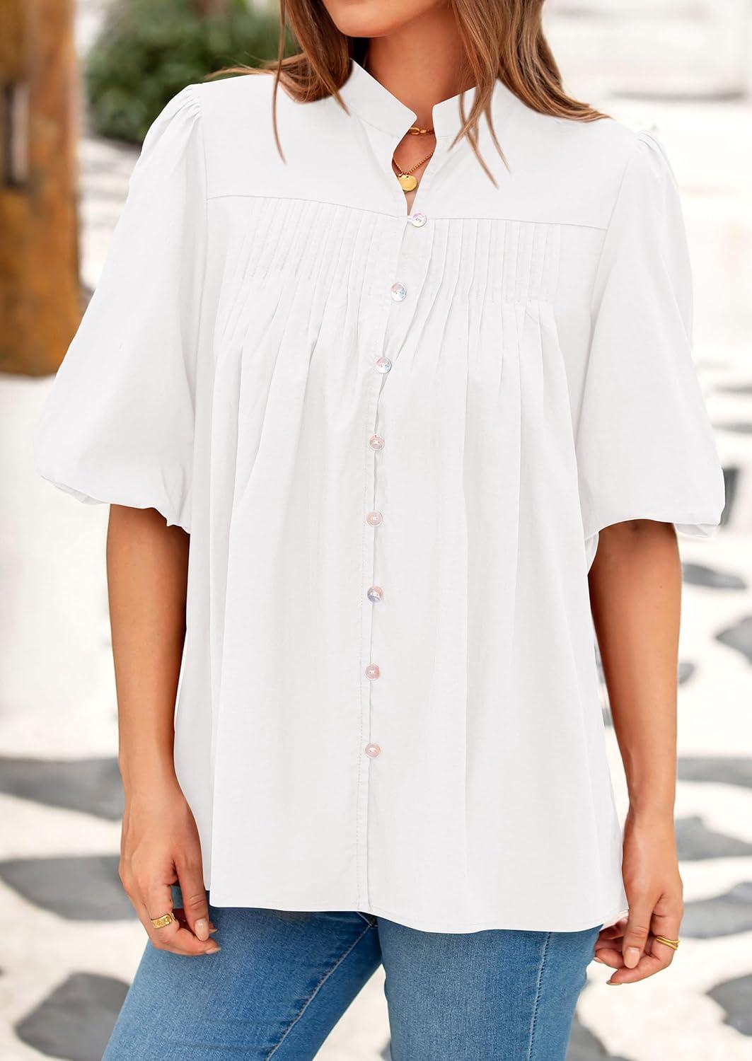 imagePRETTYGARDEN Womens 2026 Summer Short Lantern Sleeve Tops Loose Fit Button Down Shirt Pleated V Neck Blouses Trendy ClothesWhite