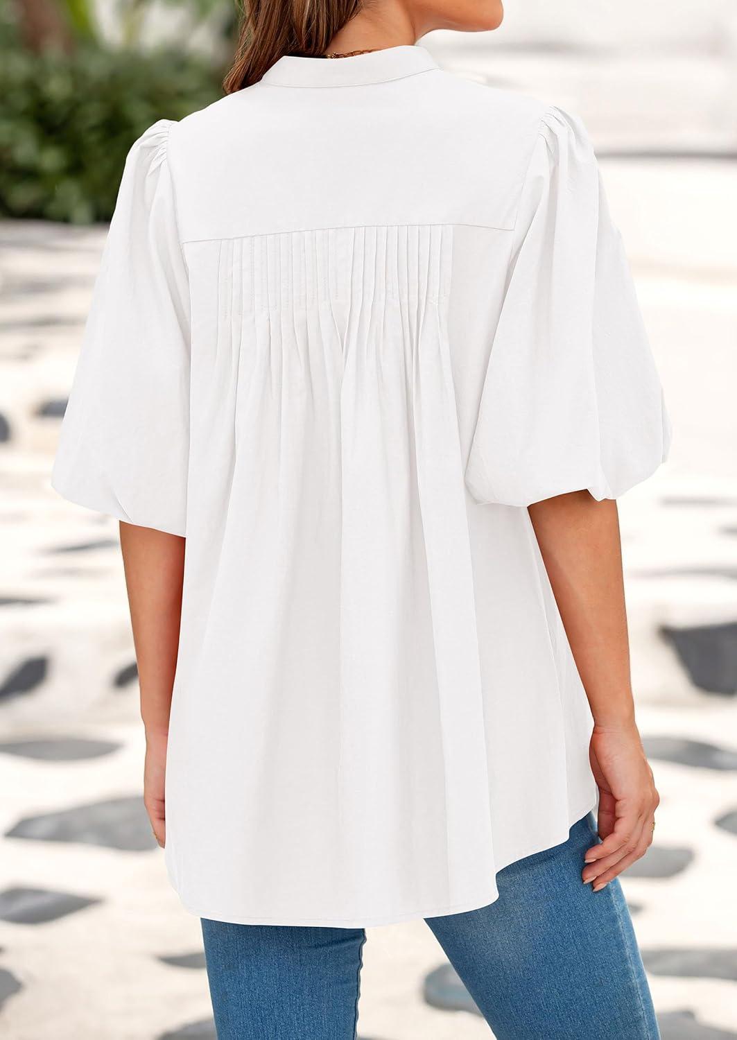 imagePRETTYGARDEN Womens 2026 Summer Short Lantern Sleeve Tops Loose Fit Button Down Shirt Pleated V Neck Blouses Trendy ClothesWhite