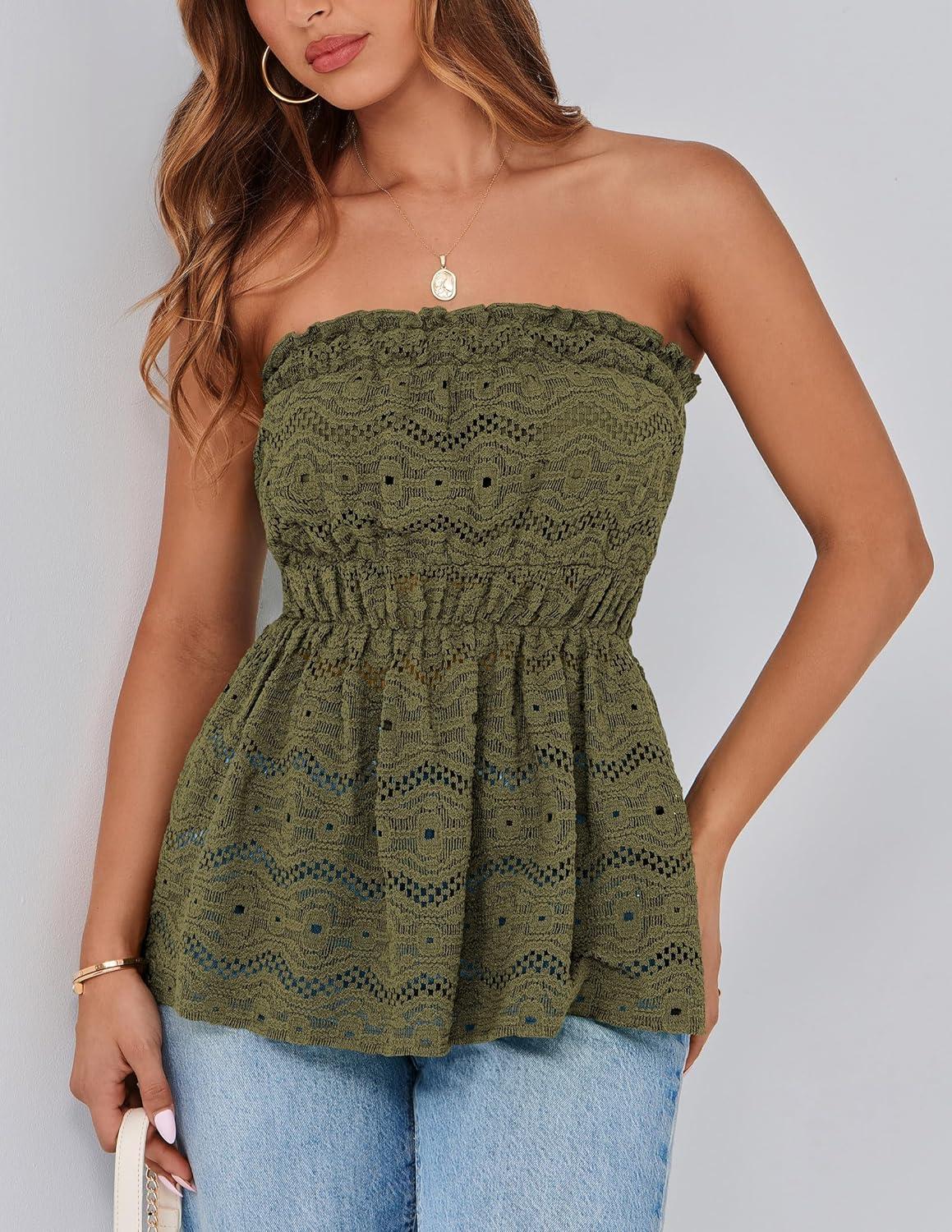 imagePRETTYGARDEN Womens Boho Tube Tops 2025 Summer Strapless Off Shoulder Eyelet Smocked Peplum Trendy Going Out Bandeau TopArmy Green