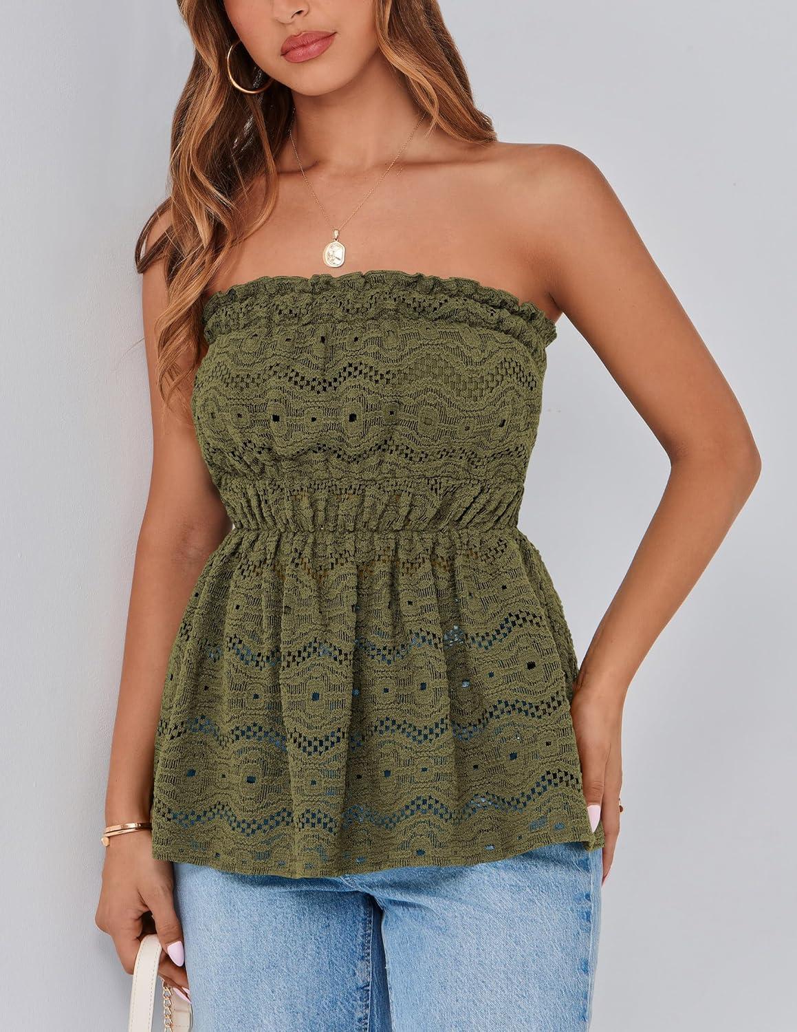 imagePRETTYGARDEN Womens Boho Tube Tops 2025 Summer Strapless Off Shoulder Eyelet Smocked Peplum Trendy Going Out Bandeau TopArmy Green