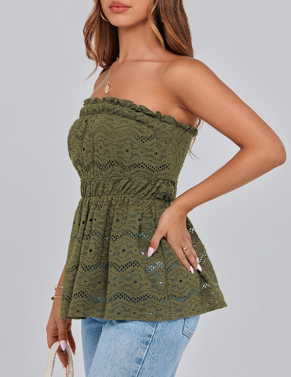 imagePRETTYGARDEN Womens Boho Tube Tops 2025 Summer Strapless Off Shoulder Eyelet Smocked Peplum Trendy Going Out Bandeau TopArmy Green