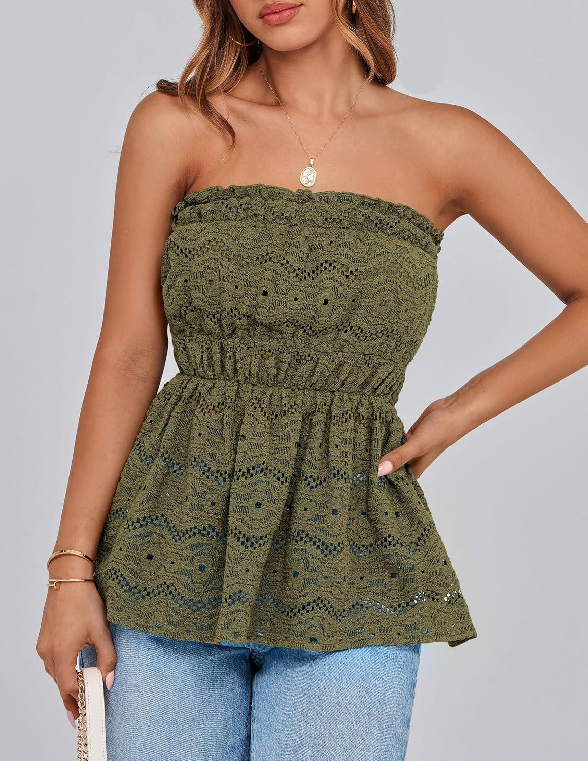 imagePRETTYGARDEN Womens Boho Tube Tops 2025 Summer Strapless Off Shoulder Eyelet Smocked Peplum Trendy Going Out Bandeau TopArmy Green