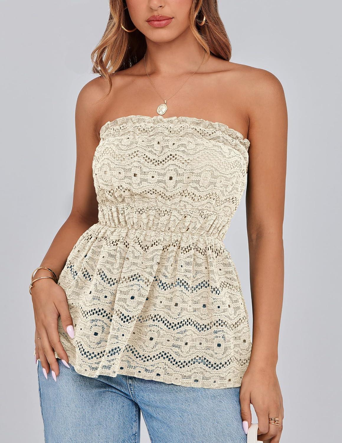 imagePRETTYGARDEN Womens Boho Tube Tops 2025 Summer Strapless Off Shoulder Eyelet Smocked Peplum Trendy Going Out Bandeau TopBeige