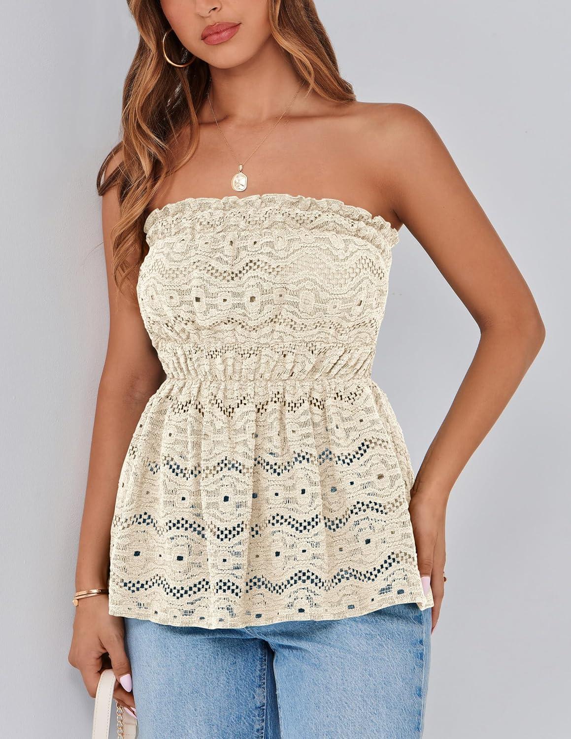 imagePRETTYGARDEN Womens Boho Tube Tops 2025 Summer Strapless Off Shoulder Eyelet Smocked Peplum Trendy Going Out Bandeau TopBeige