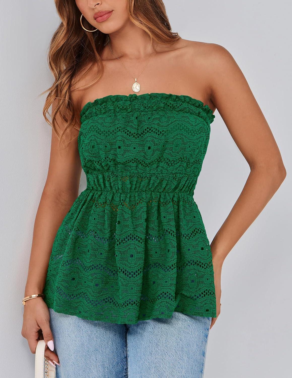 imagePRETTYGARDEN Womens Boho Tube Tops 2025 Summer Strapless Off Shoulder Eyelet Smocked Peplum Trendy Going Out Bandeau TopGreen