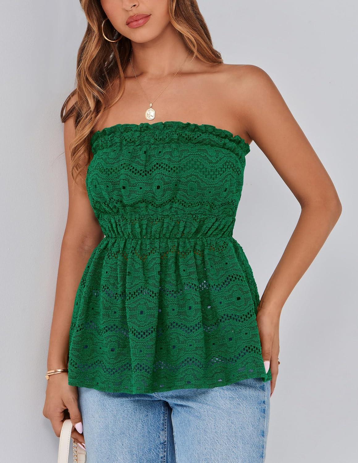 imagePRETTYGARDEN Womens Boho Tube Tops 2025 Summer Strapless Off Shoulder Eyelet Smocked Peplum Trendy Going Out Bandeau TopGreen
