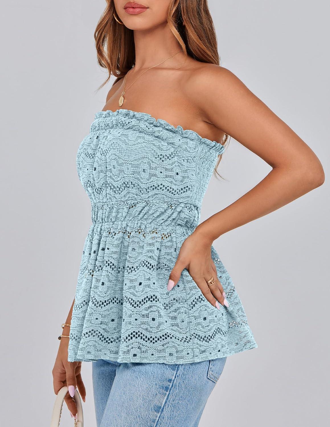 imagePRETTYGARDEN Womens Boho Tube Tops 2025 Summer Strapless Off Shoulder Eyelet Smocked Peplum Trendy Going Out Bandeau TopLight Blue