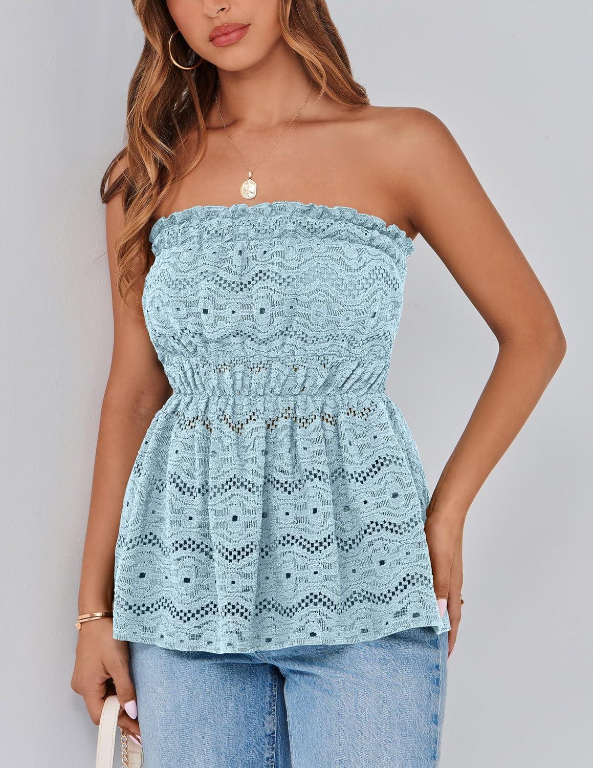 imagePRETTYGARDEN Womens Boho Tube Tops 2025 Summer Strapless Off Shoulder Eyelet Smocked Peplum Trendy Going Out Bandeau TopLight Blue