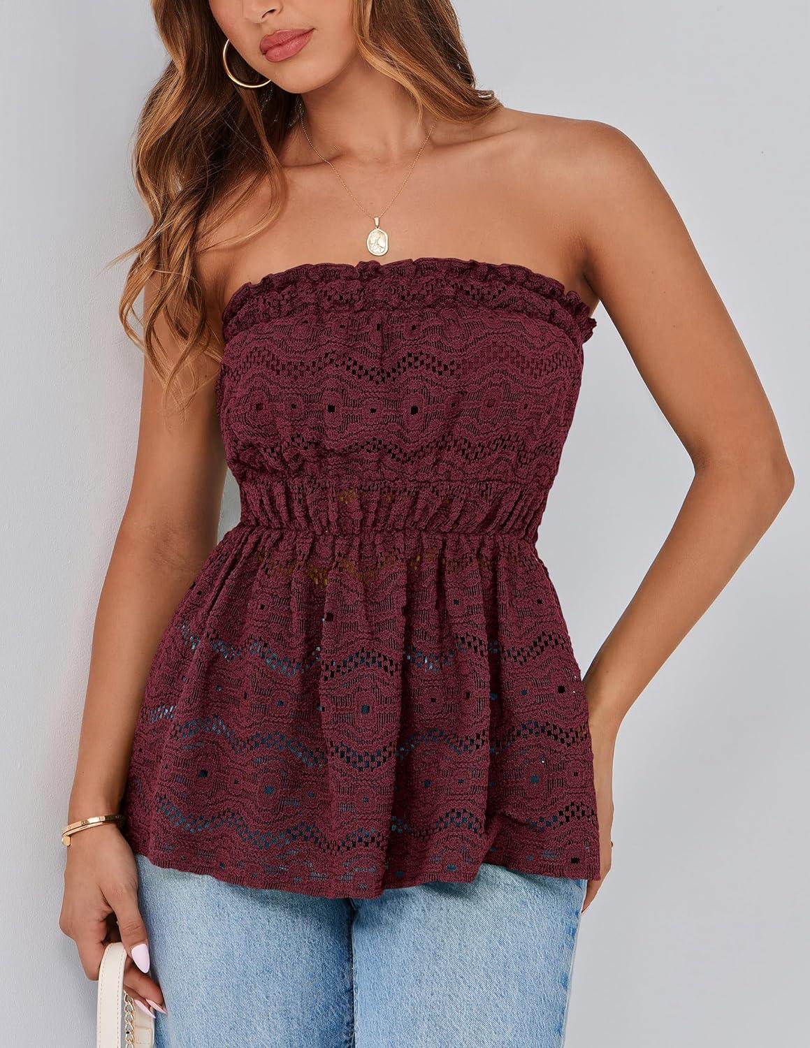imagePRETTYGARDEN Womens Boho Tube Tops 2025 Summer Strapless Off Shoulder Eyelet Smocked Peplum Trendy Going Out Bandeau TopWine Red