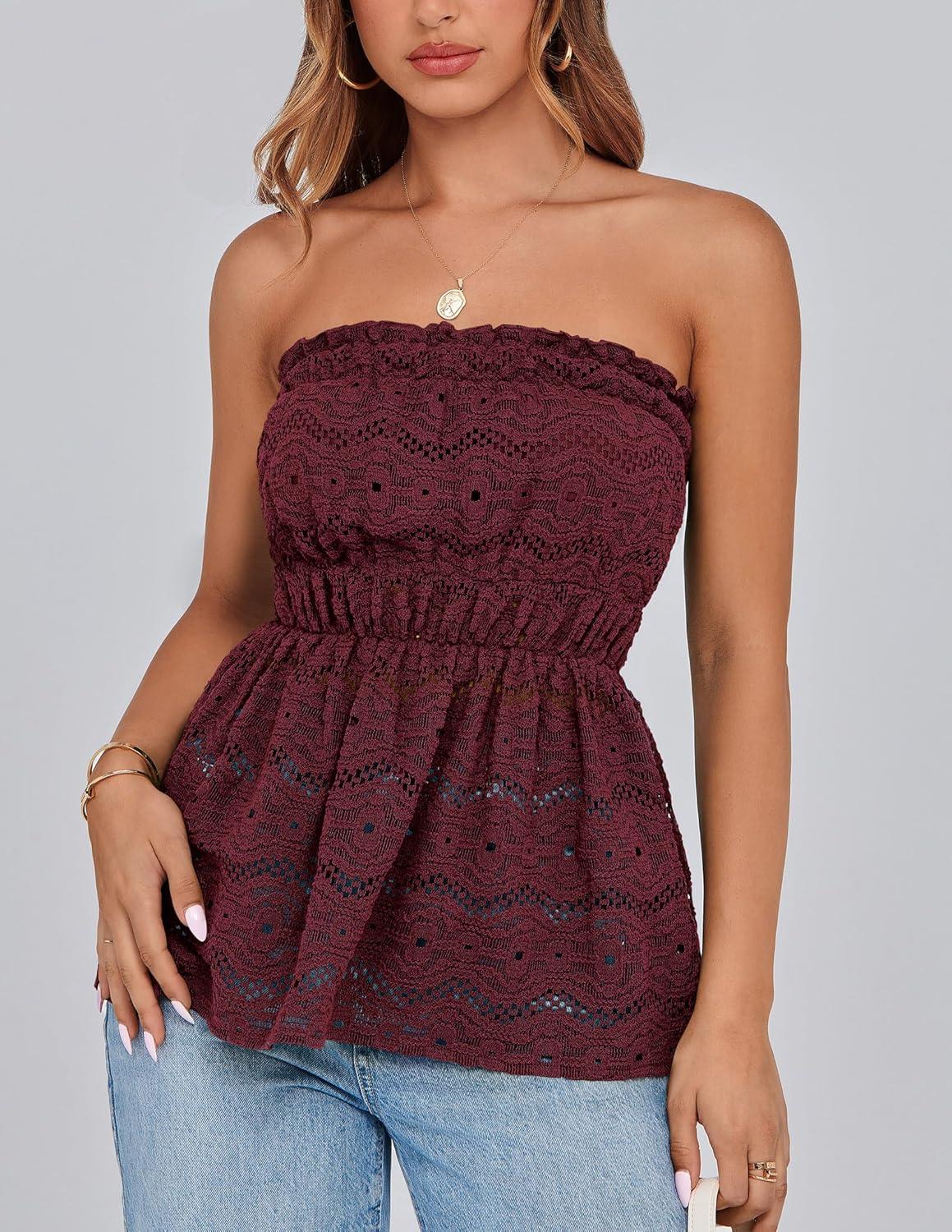 imagePRETTYGARDEN Womens Boho Tube Tops 2025 Summer Strapless Off Shoulder Eyelet Smocked Peplum Trendy Going Out Bandeau TopWine Red