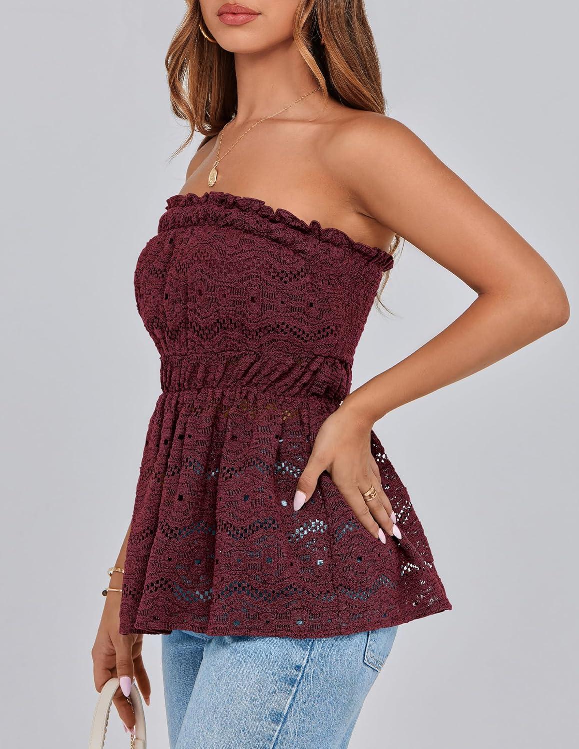 imagePRETTYGARDEN Womens Boho Tube Tops 2025 Summer Strapless Off Shoulder Eyelet Smocked Peplum Trendy Going Out Bandeau TopWine Red