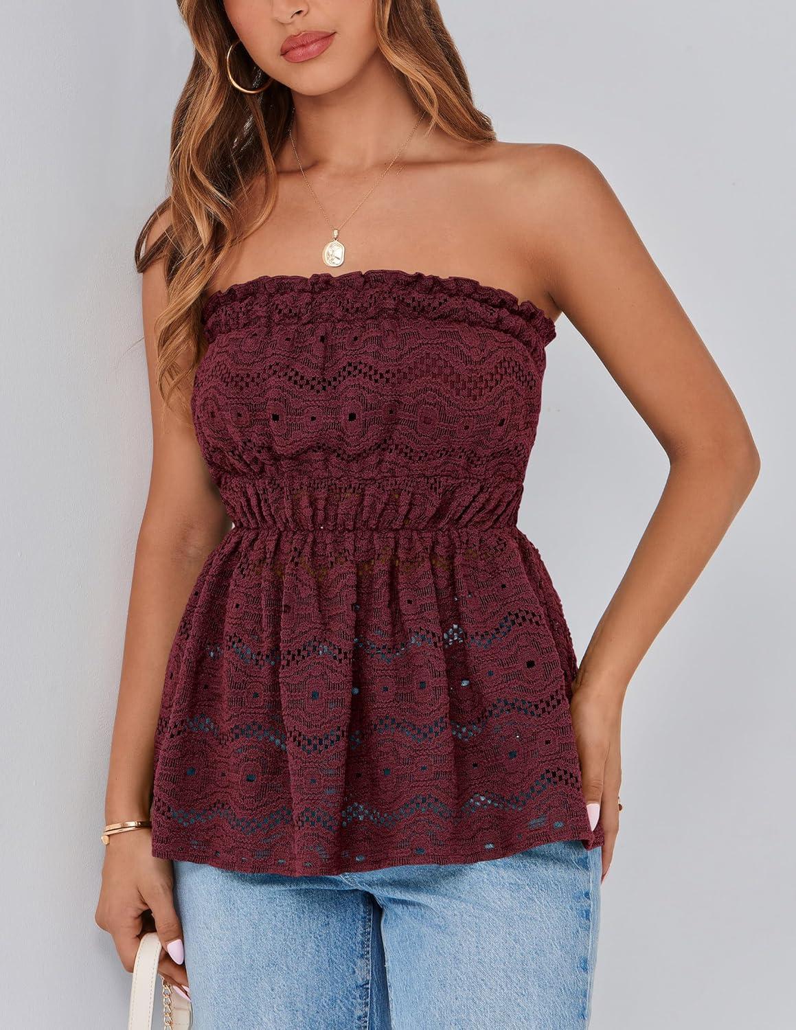 imagePRETTYGARDEN Womens Boho Tube Tops 2025 Summer Strapless Off Shoulder Eyelet Smocked Peplum Trendy Going Out Bandeau TopWine Red
