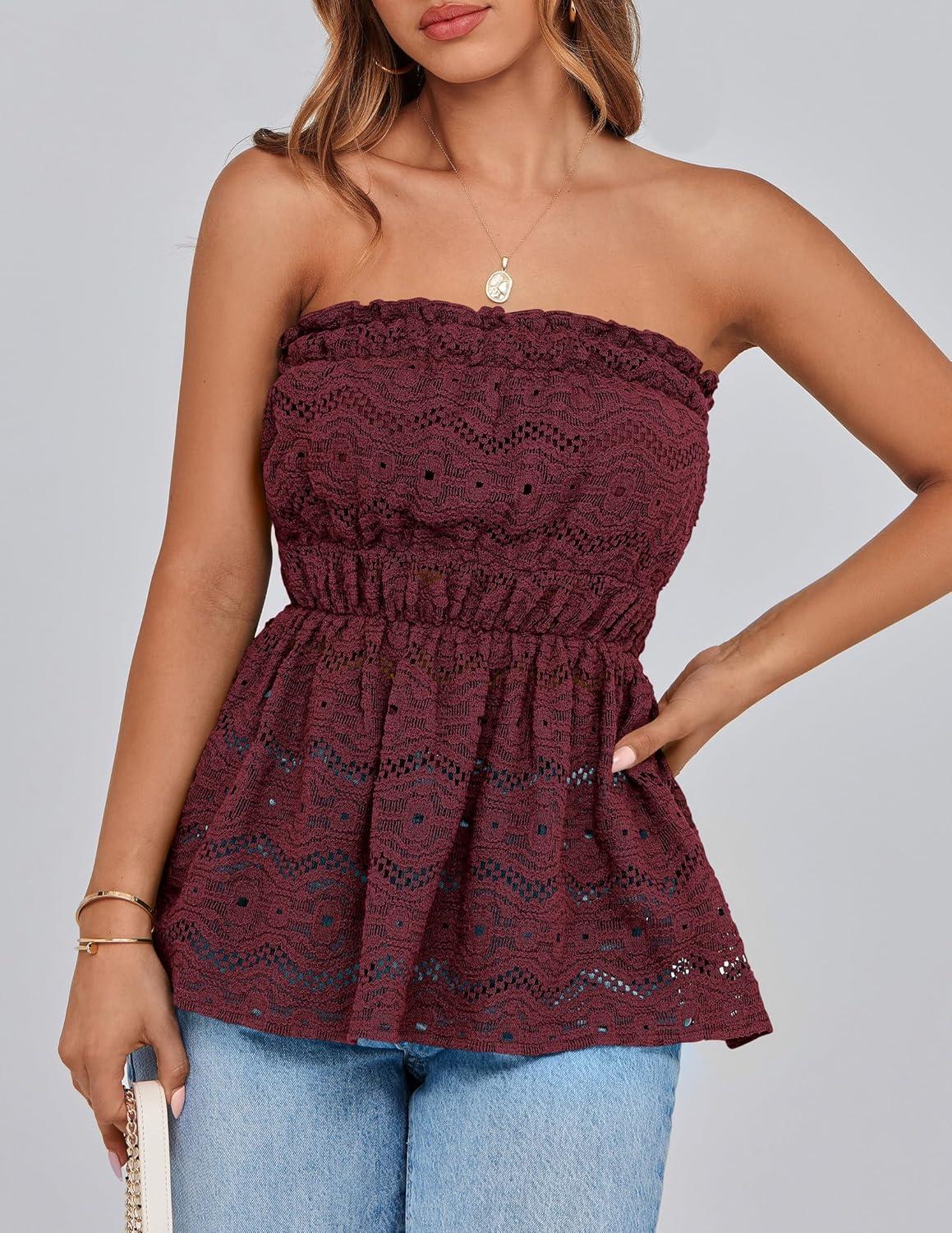 imagePRETTYGARDEN Womens Boho Tube Tops 2025 Summer Strapless Off Shoulder Eyelet Smocked Peplum Trendy Going Out Bandeau TopWine Red