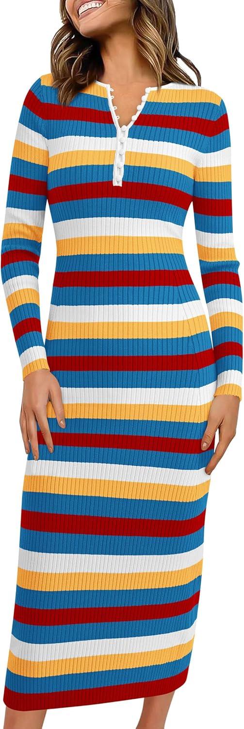 imagePRETTYGARDEN Womens Striped Spring Midi Sweater Dress Fall Long Sleeve Button Up V Neck Knit Bodycon Vacation Party DressesStriped Blue