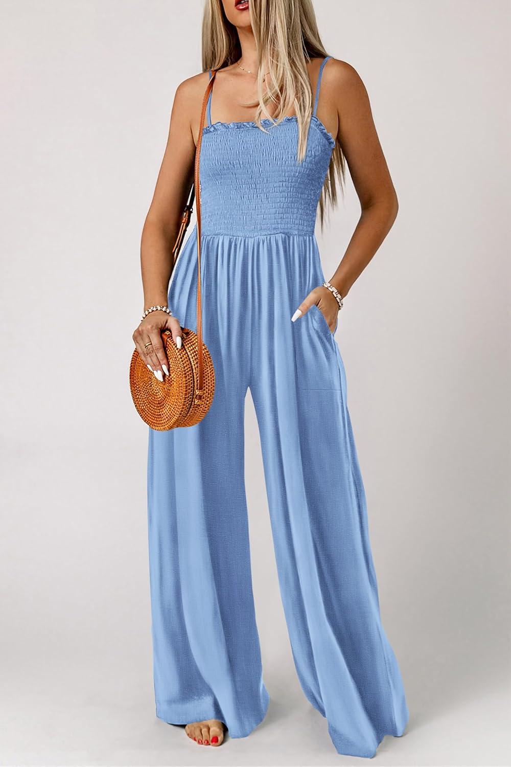 imagePRETTYGARDEN Womens Summer Jumpsuits Dressy Casual One Piece Outfits Linen Smocked Spaghetti Strap Pockets Wide Leg Rompers