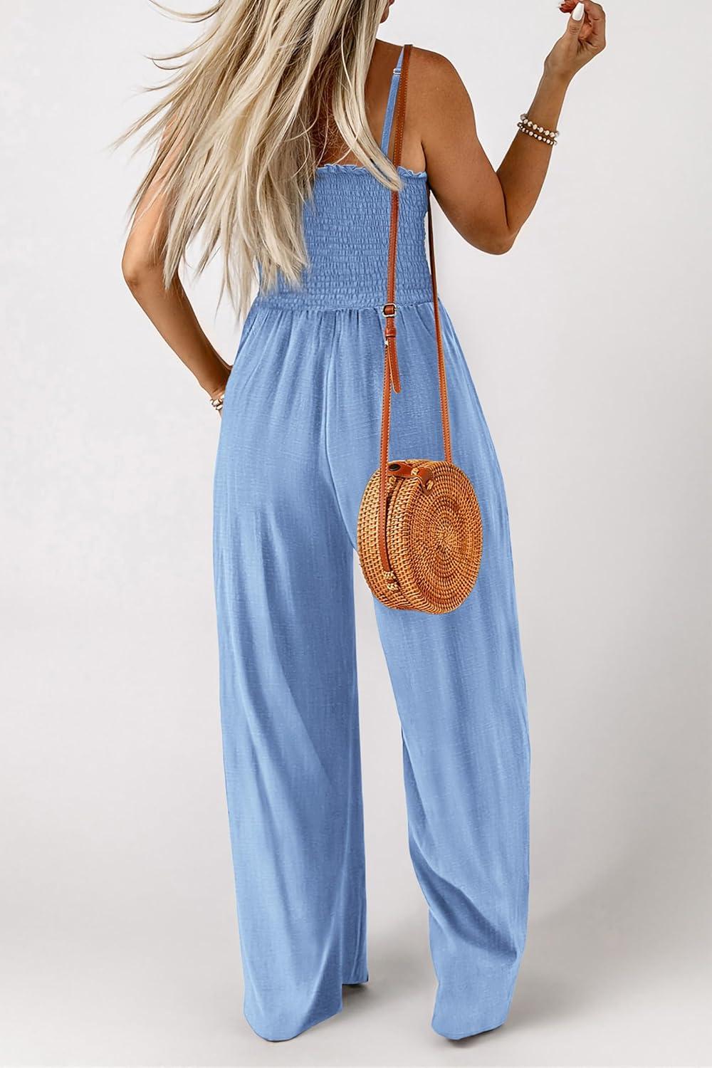 imagePRETTYGARDEN Womens Summer Jumpsuits Dressy Casual One Piece Outfits Linen Smocked Spaghetti Strap Pockets Wide Leg Rompers