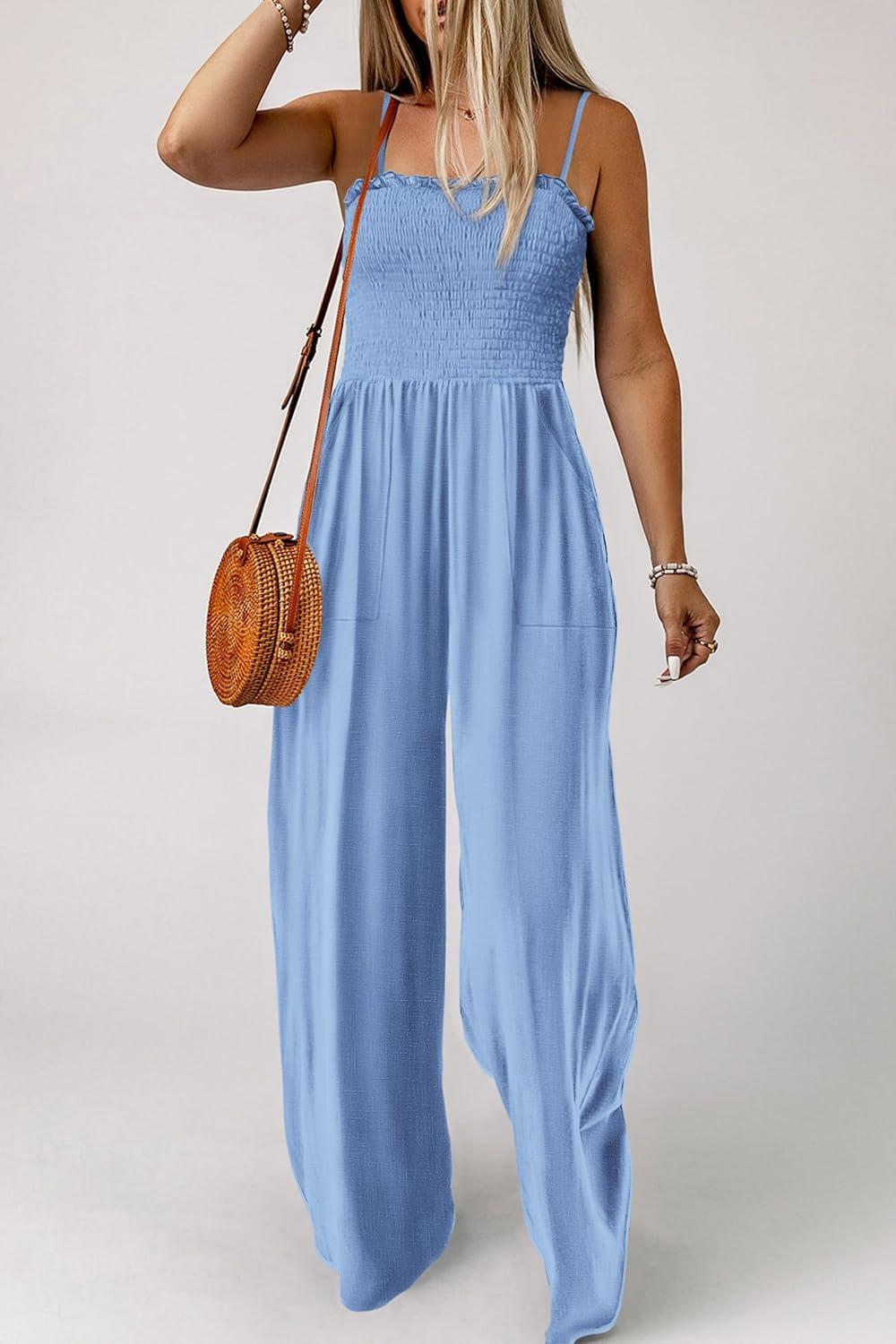 imagePRETTYGARDEN Womens Summer Jumpsuits Dressy Casual One Piece Outfits Linen Smocked Spaghetti Strap Pockets Wide Leg Rompers