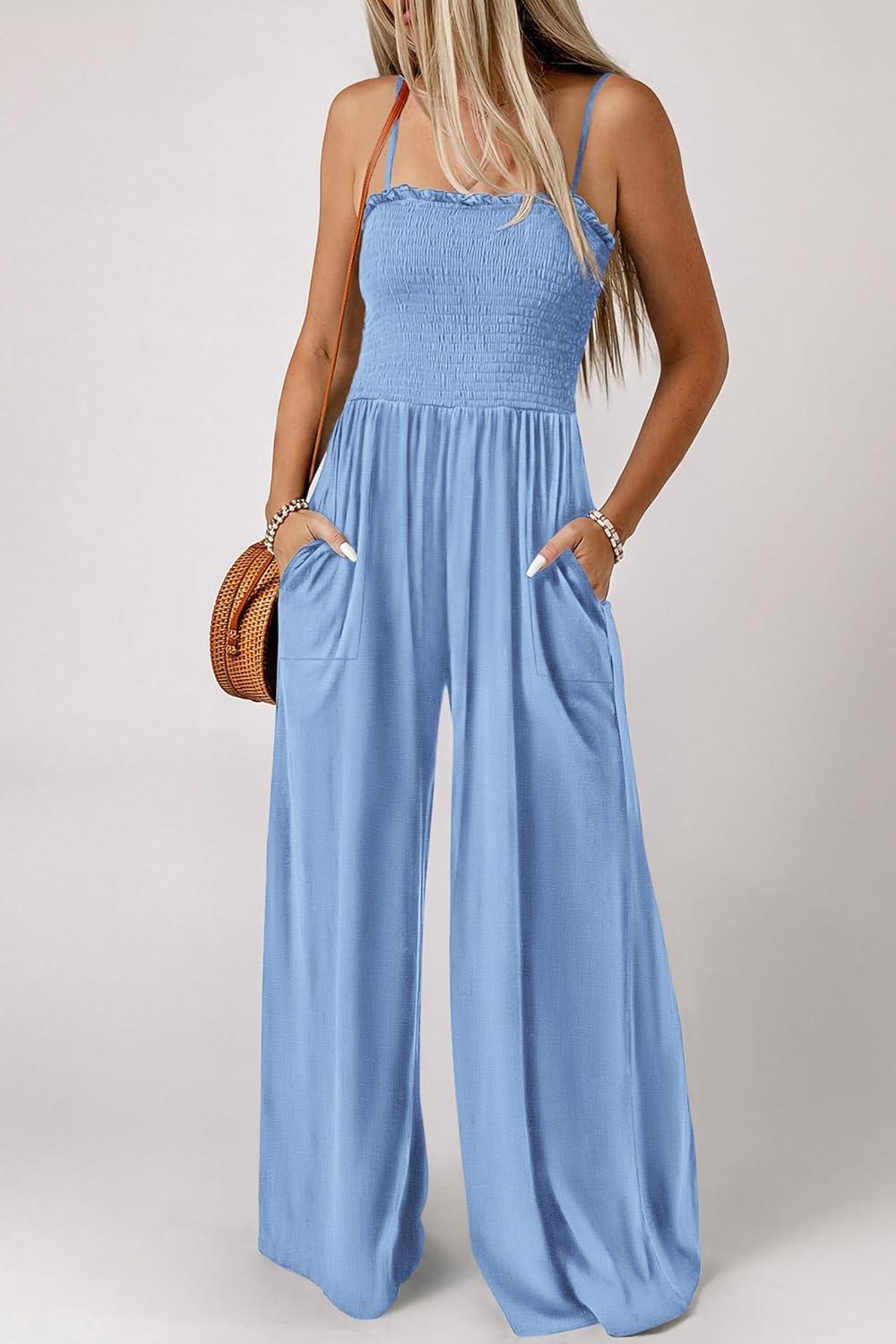 imagePRETTYGARDEN Womens Summer Jumpsuits Dressy Casual One Piece Outfits Linen Smocked Spaghetti Strap Pockets Wide Leg Rompers