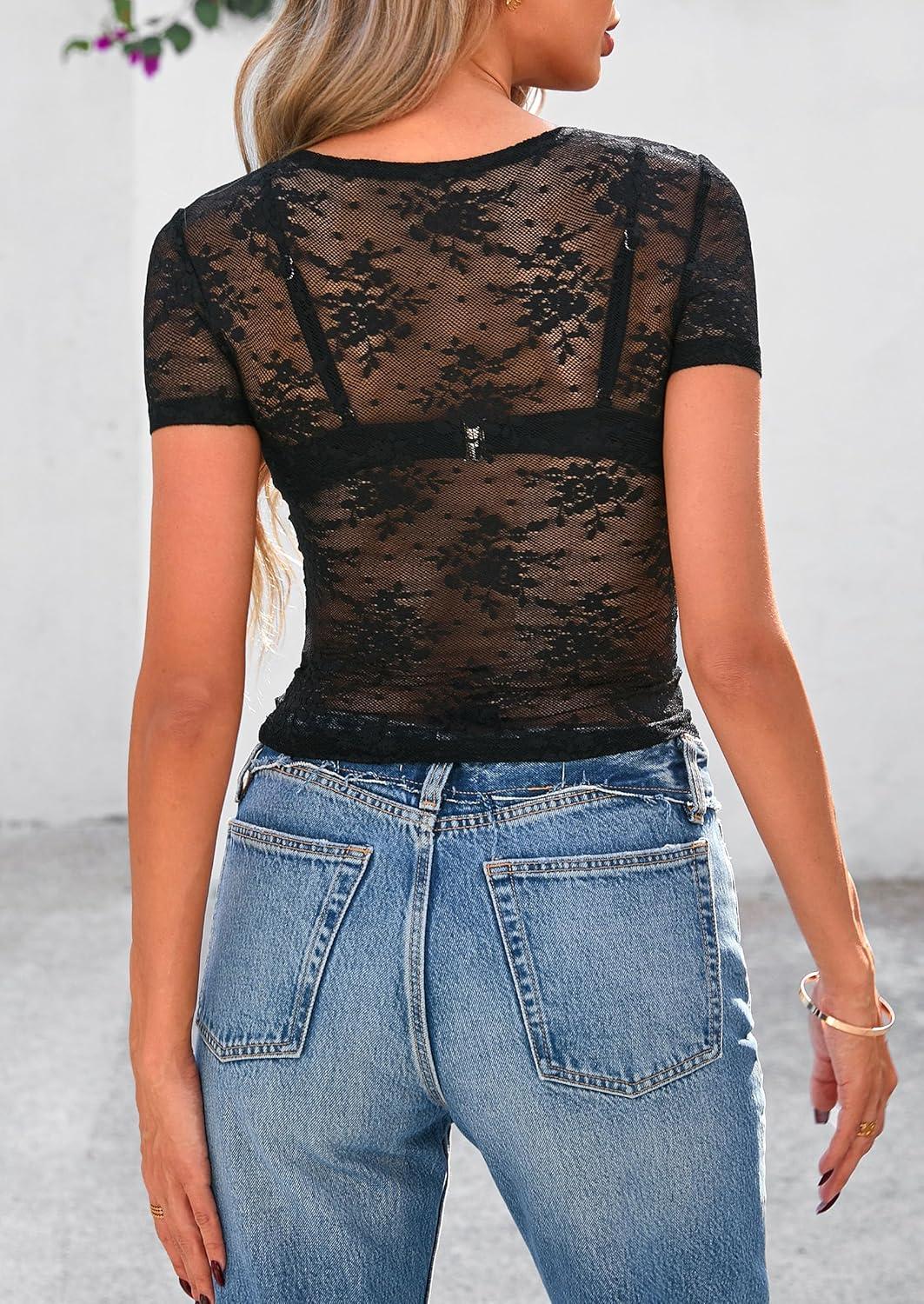 imagePRETTYGARDEN Womens Summer Sheer Lace Top 2026 Short Sleeve See Through Fitted Mesh Blouse Shirts Going Out Club OutfitsBlack