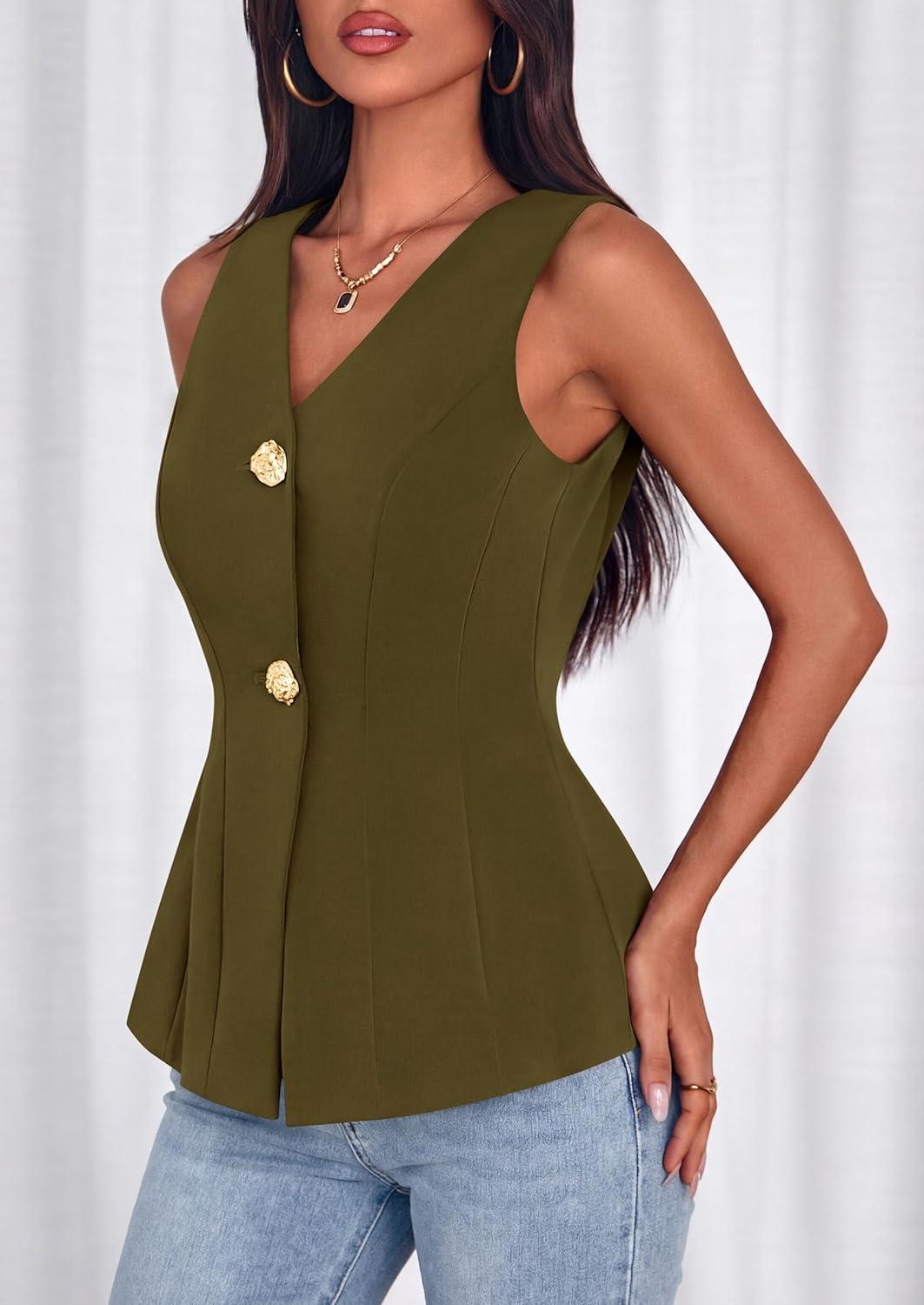 imagePRETTYGARDEN Womens Summer Sleeveless Blazer Vest Tops 2026 Trendy V Neck Button Down Business Casual Suit Vests WaistcoatArmy Green