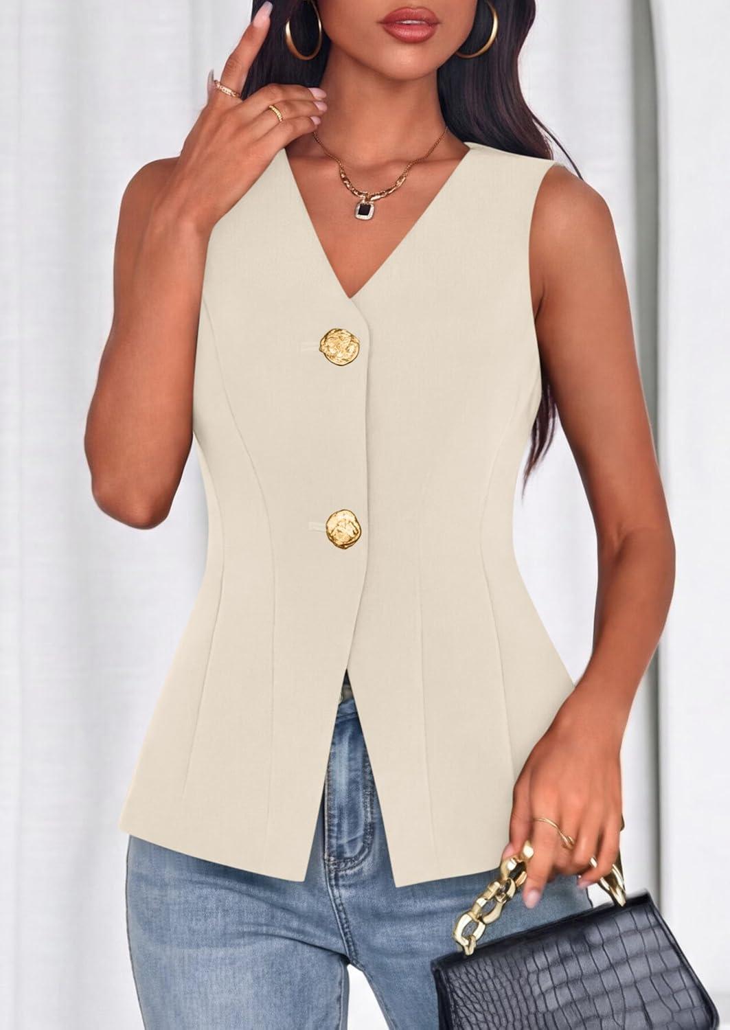 imagePRETTYGARDEN Womens Summer Sleeveless Blazer Vest Tops 2026 Trendy V Neck Button Down Business Casual Suit Vests WaistcoatBeige