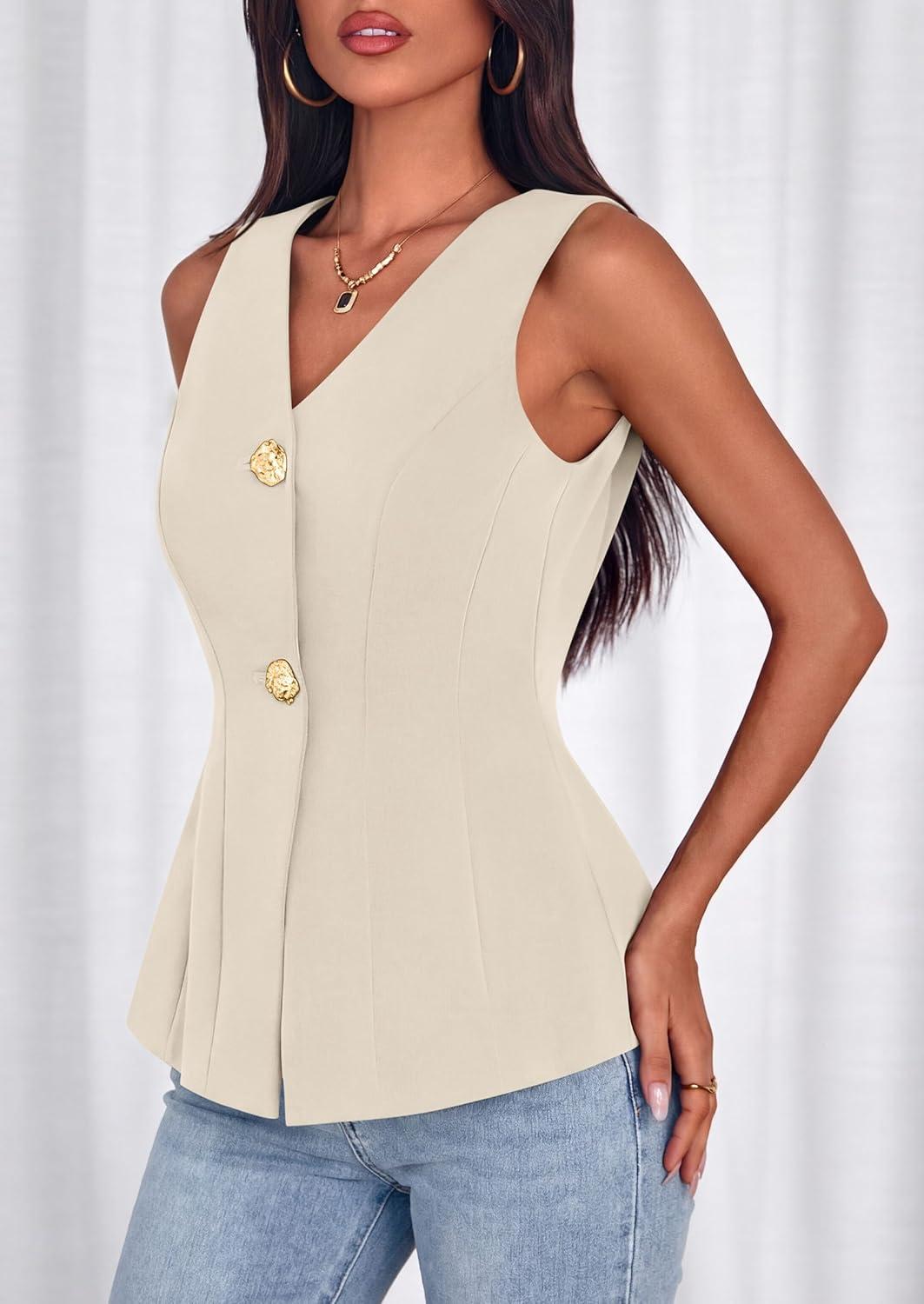 imagePRETTYGARDEN Womens Summer Sleeveless Blazer Vest Tops 2026 Trendy V Neck Button Down Business Casual Suit Vests WaistcoatBeige