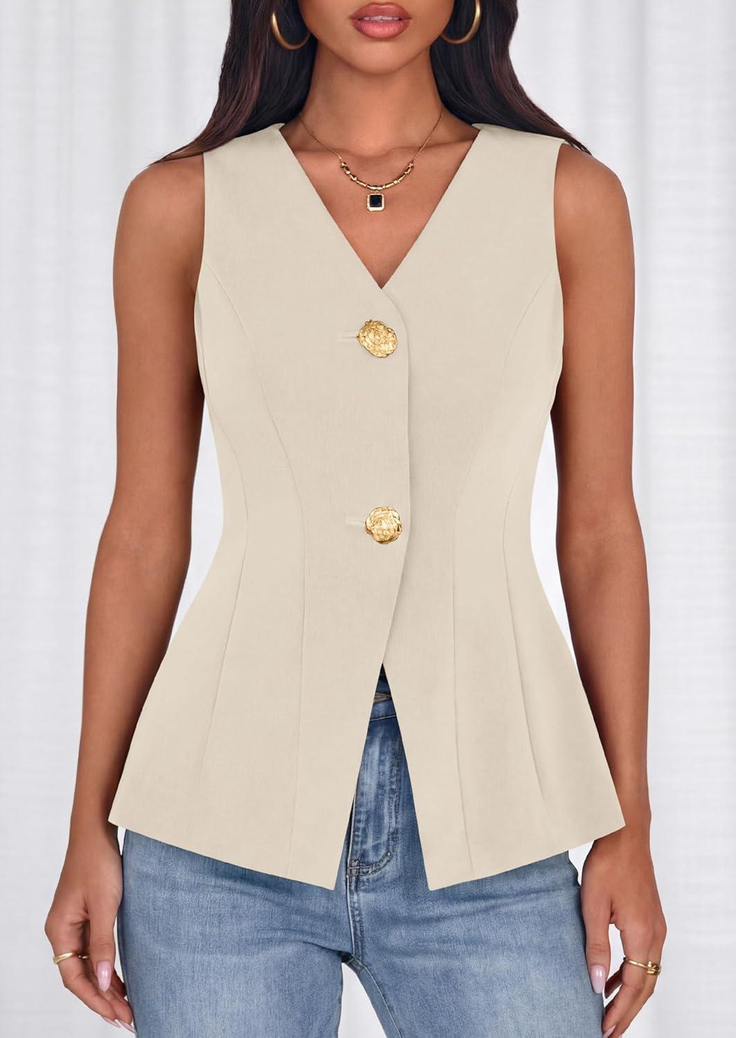 imagePRETTYGARDEN Womens Summer Sleeveless Blazer Vest Tops 2026 Trendy V Neck Button Down Business Casual Suit Vests WaistcoatBeige