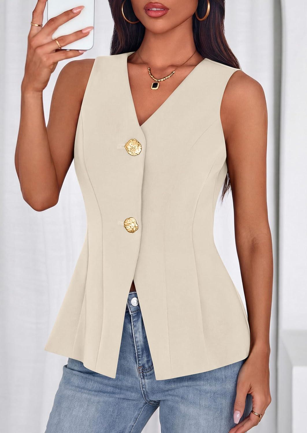 imagePRETTYGARDEN Womens Summer Sleeveless Blazer Vest Tops 2026 Trendy V Neck Button Down Business Casual Suit Vests WaistcoatBeige