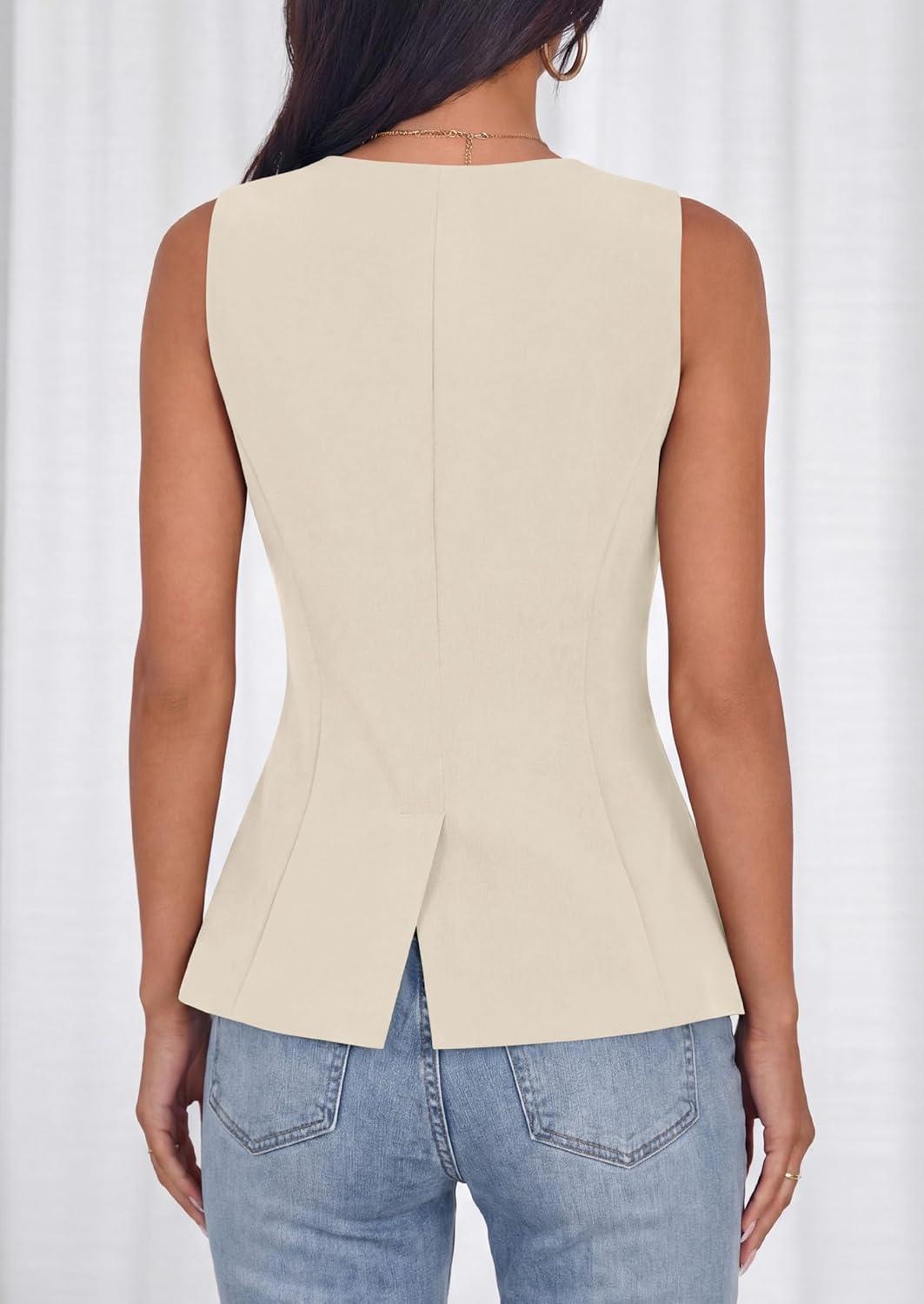 imagePRETTYGARDEN Womens Summer Sleeveless Blazer Vest Tops 2026 Trendy V Neck Button Down Business Casual Suit Vests WaistcoatBeige