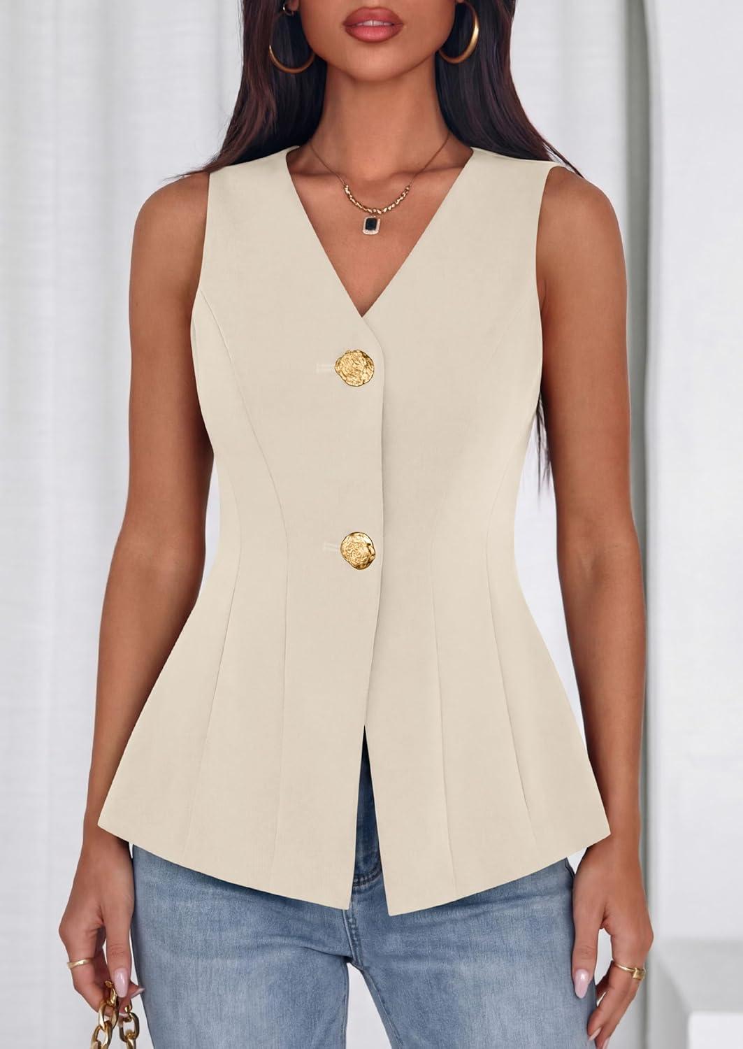 imagePRETTYGARDEN Womens Summer Sleeveless Blazer Vest Tops 2026 Trendy V Neck Button Down Business Casual Suit Vests WaistcoatBeige