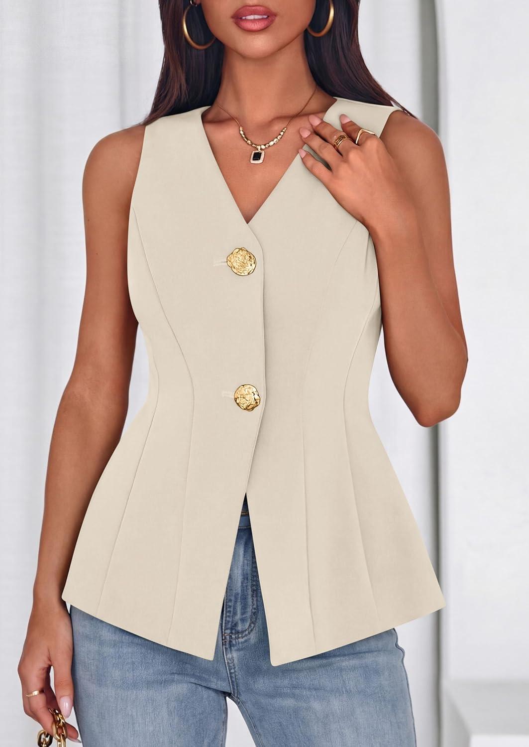 imagePRETTYGARDEN Womens Summer Sleeveless Blazer Vest Tops 2026 Trendy V Neck Button Down Business Casual Suit Vests WaistcoatBeige