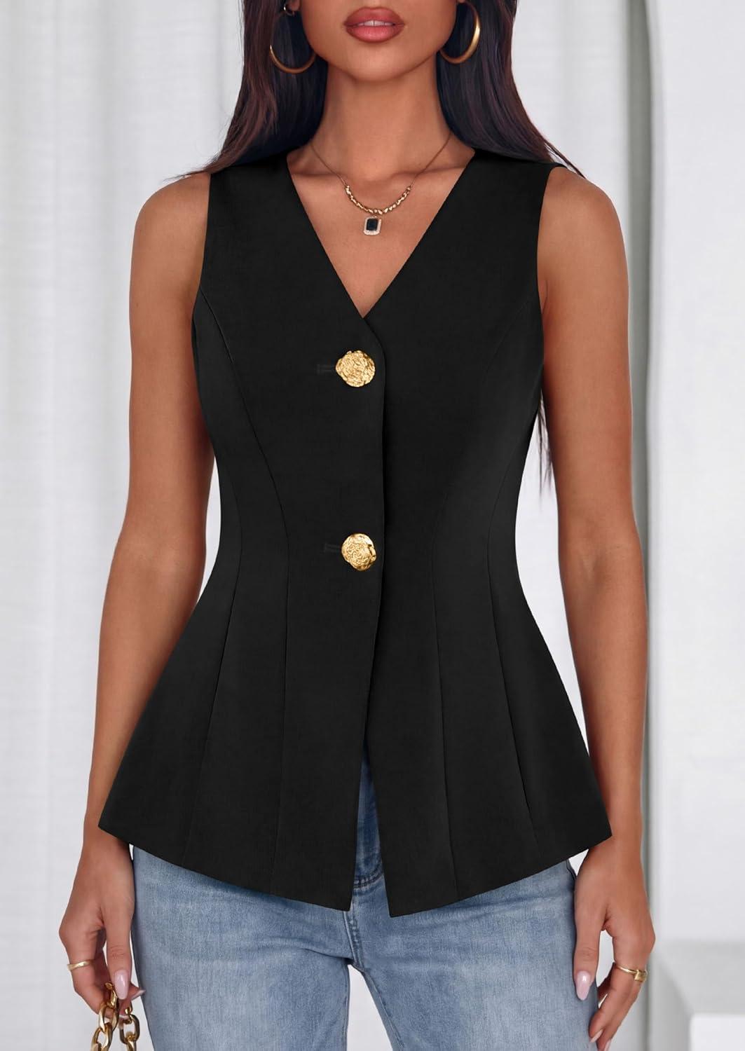 imagePRETTYGARDEN Womens Summer Sleeveless Blazer Vest Tops 2026 Trendy V Neck Button Down Business Casual Suit Vests WaistcoatBlack