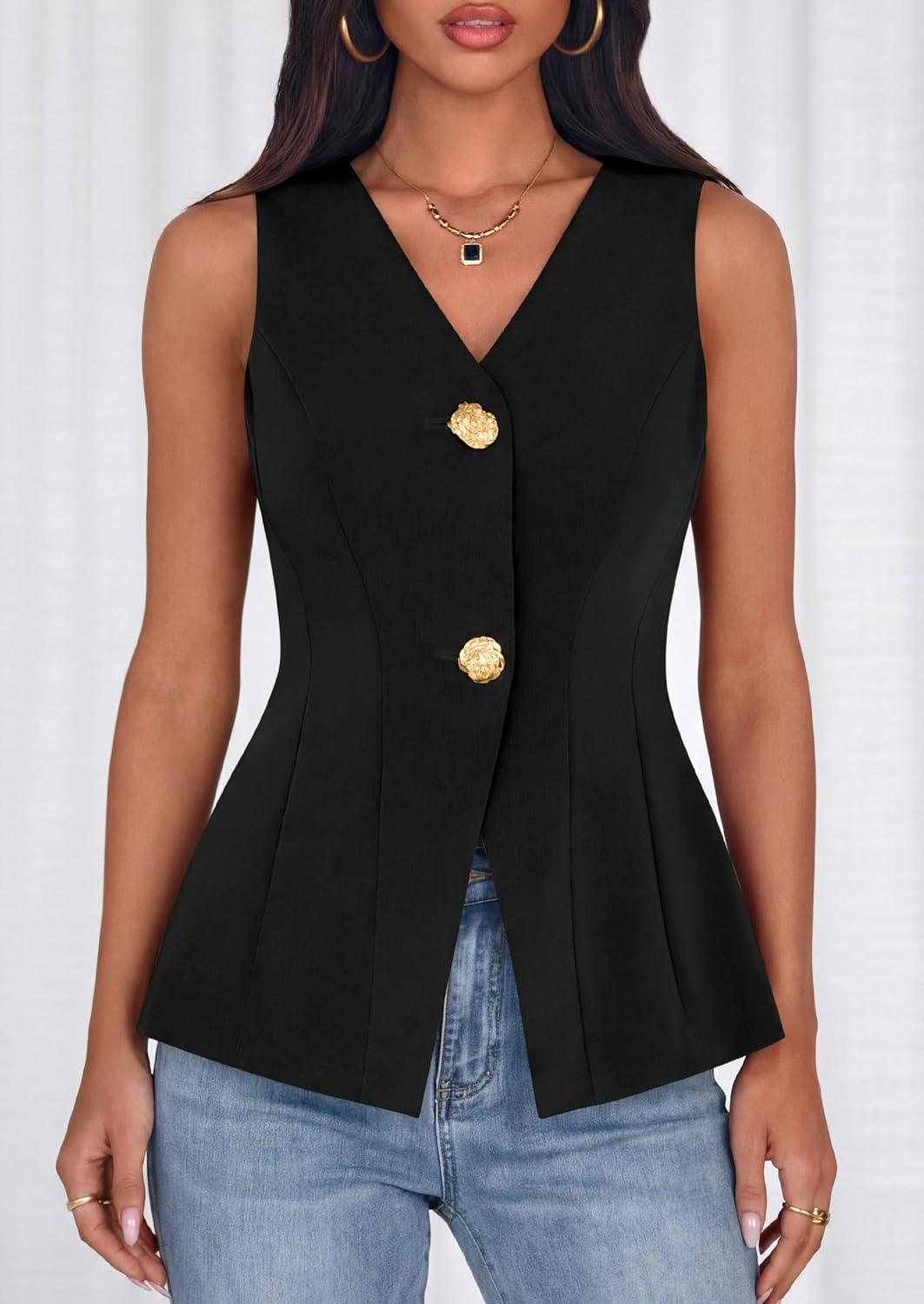 imagePRETTYGARDEN Womens Summer Sleeveless Blazer Vest Tops 2026 Trendy V Neck Button Down Business Casual Suit Vests WaistcoatBlack