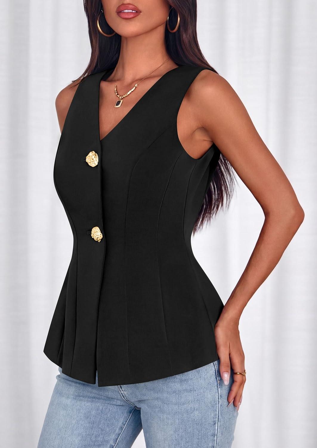 imagePRETTYGARDEN Womens Summer Sleeveless Blazer Vest Tops 2026 Trendy V Neck Button Down Business Casual Suit Vests WaistcoatBlack