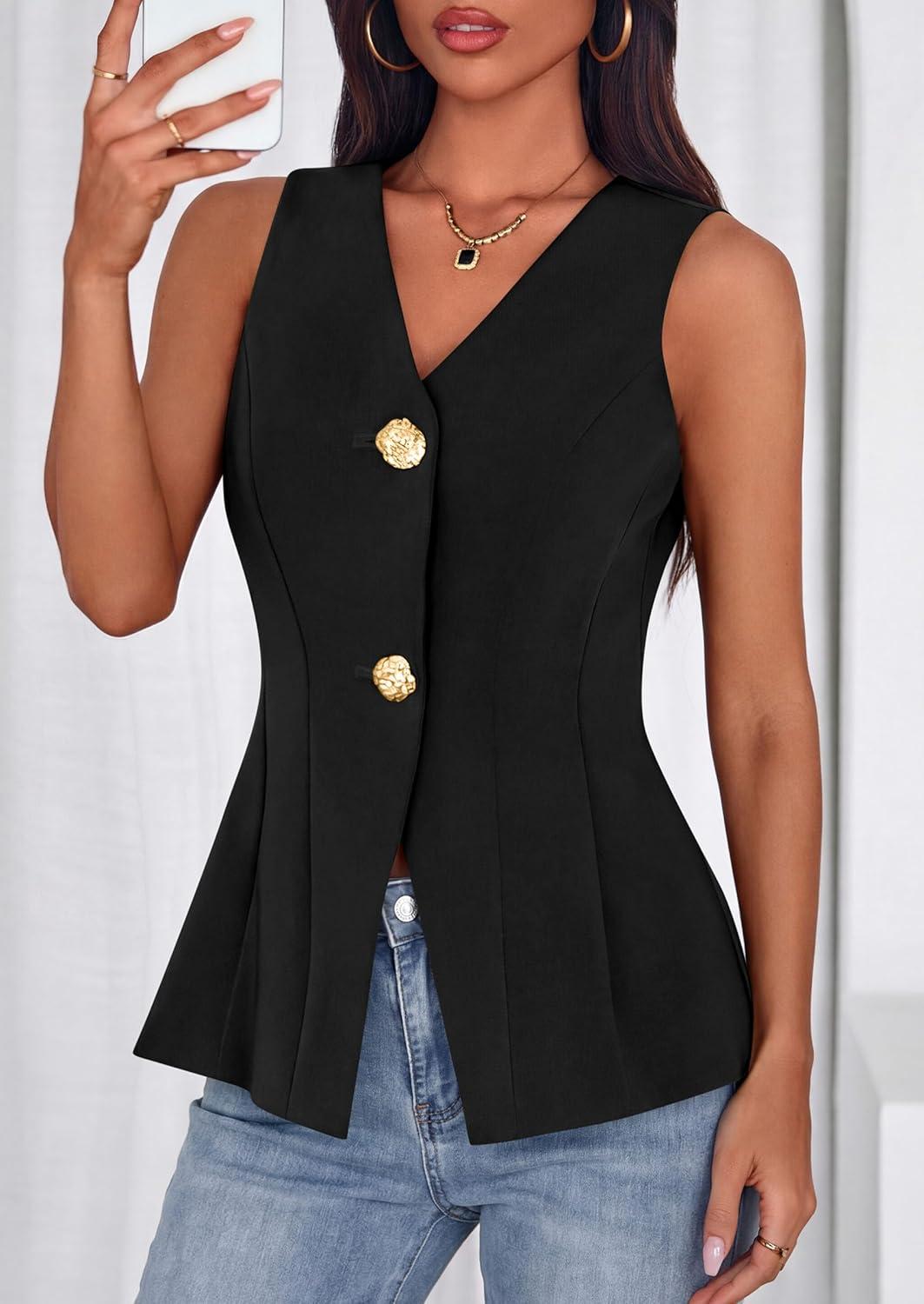 imagePRETTYGARDEN Womens Summer Sleeveless Blazer Vest Tops 2026 Trendy V Neck Button Down Business Casual Suit Vests WaistcoatBlack