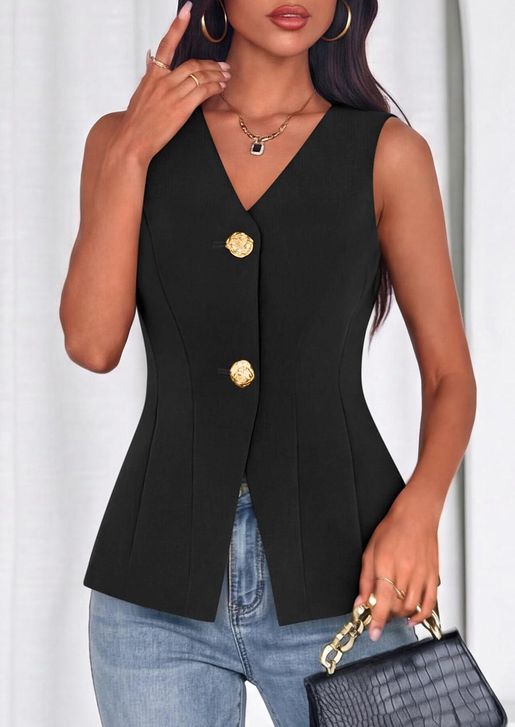 imagePRETTYGARDEN Womens Summer Sleeveless Blazer Vest Tops 2026 Trendy V Neck Button Down Business Casual Suit Vests WaistcoatBlack