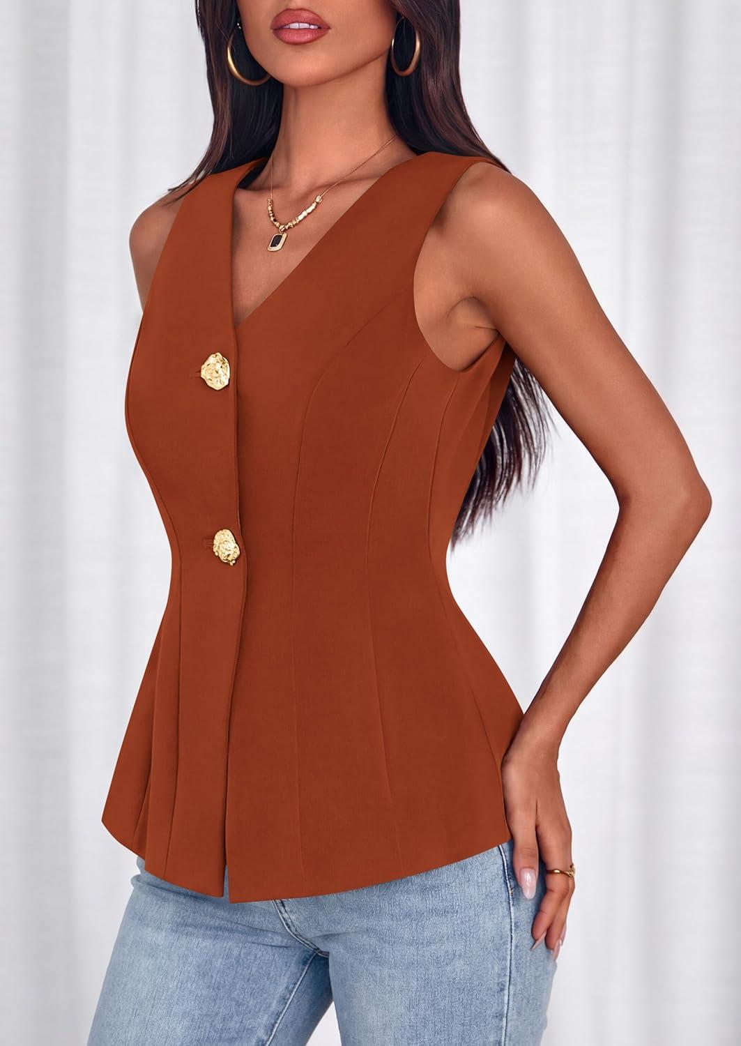 imagePRETTYGARDEN Womens Summer Sleeveless Blazer Vest Tops 2026 Trendy V Neck Button Down Business Casual Suit Vests WaistcoatBrick Red