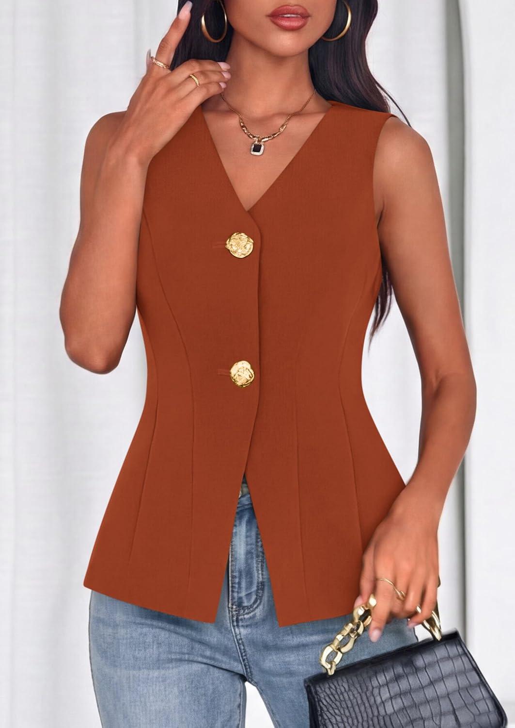 imagePRETTYGARDEN Womens Summer Sleeveless Blazer Vest Tops 2026 Trendy V Neck Button Down Business Casual Suit Vests WaistcoatBrick Red